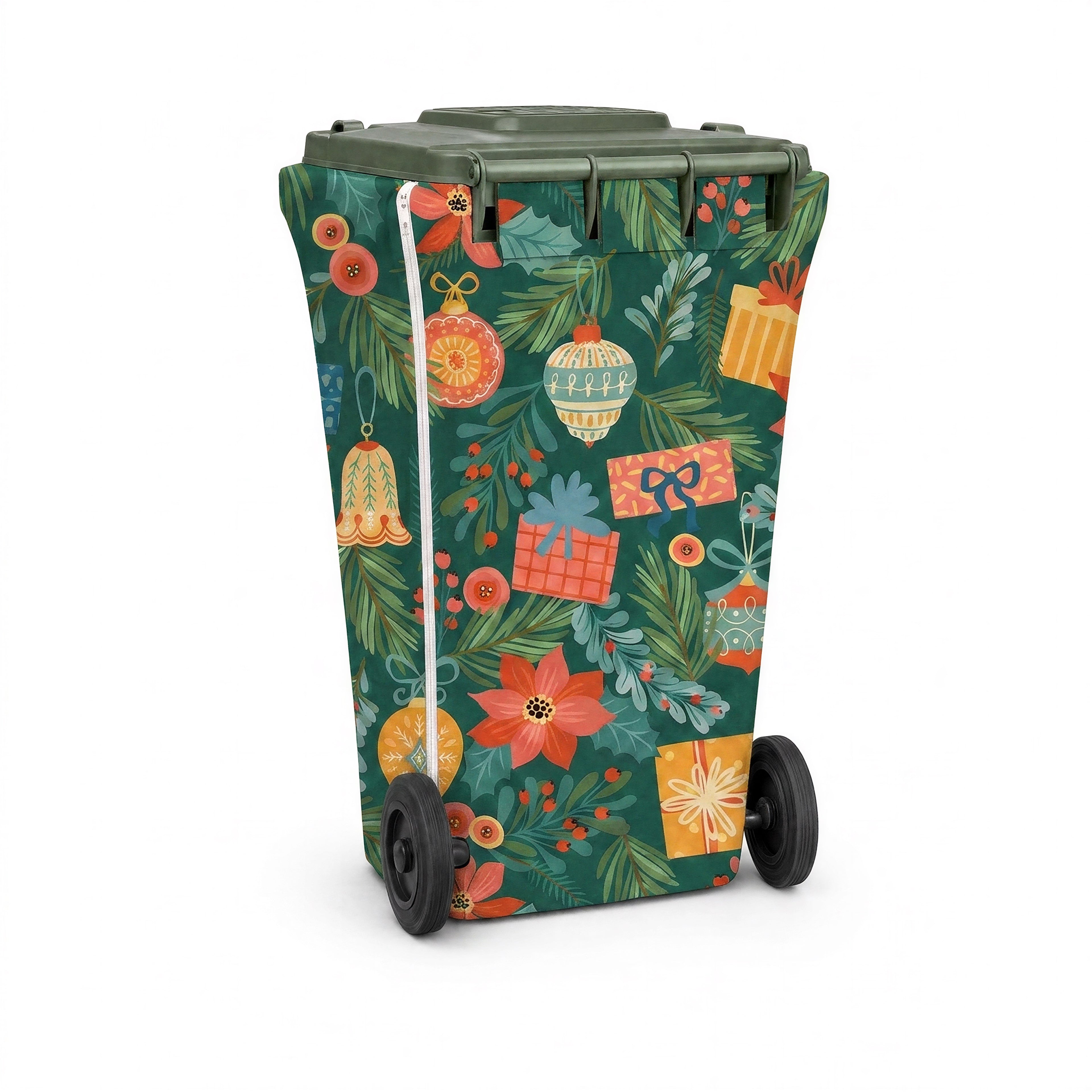 Deck the Halls wheelie bin cover, back view