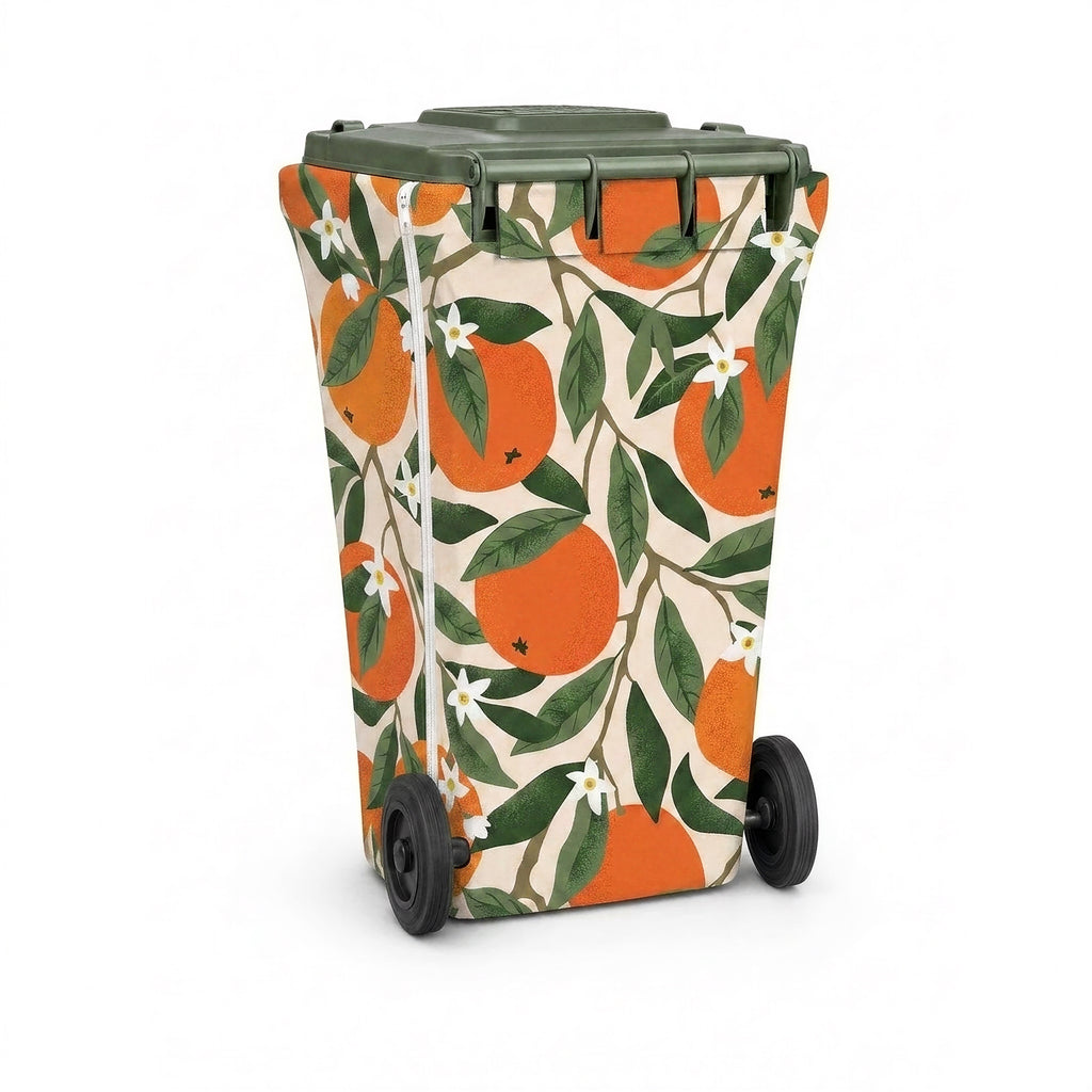Oranges citrus wheelie bin cover, back view