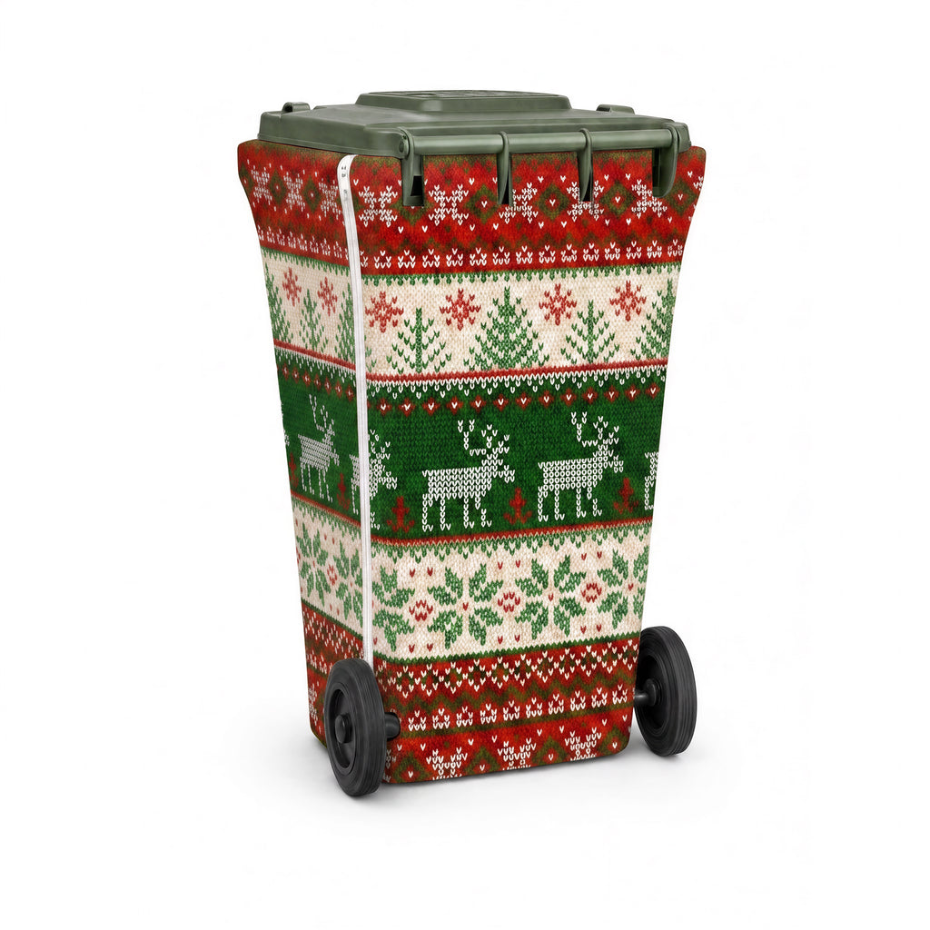 Ugly Sweater knit wheelie bin cover, back view