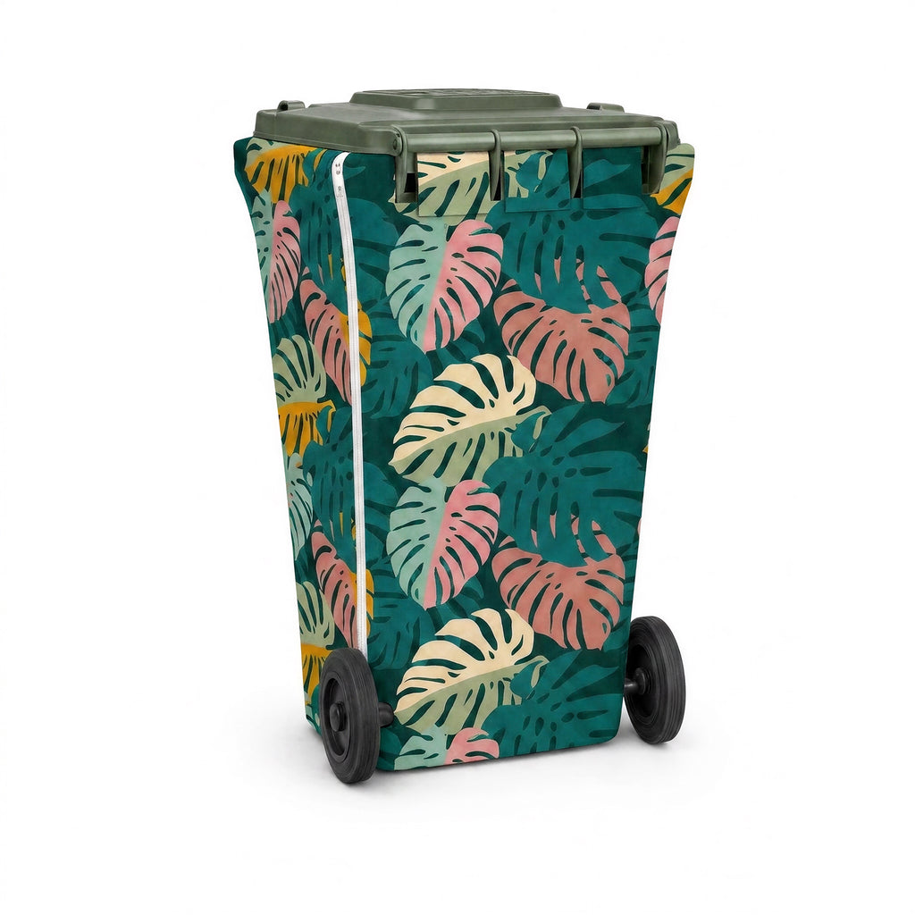 Leaf It Out monstera wheelie bin cover, back view