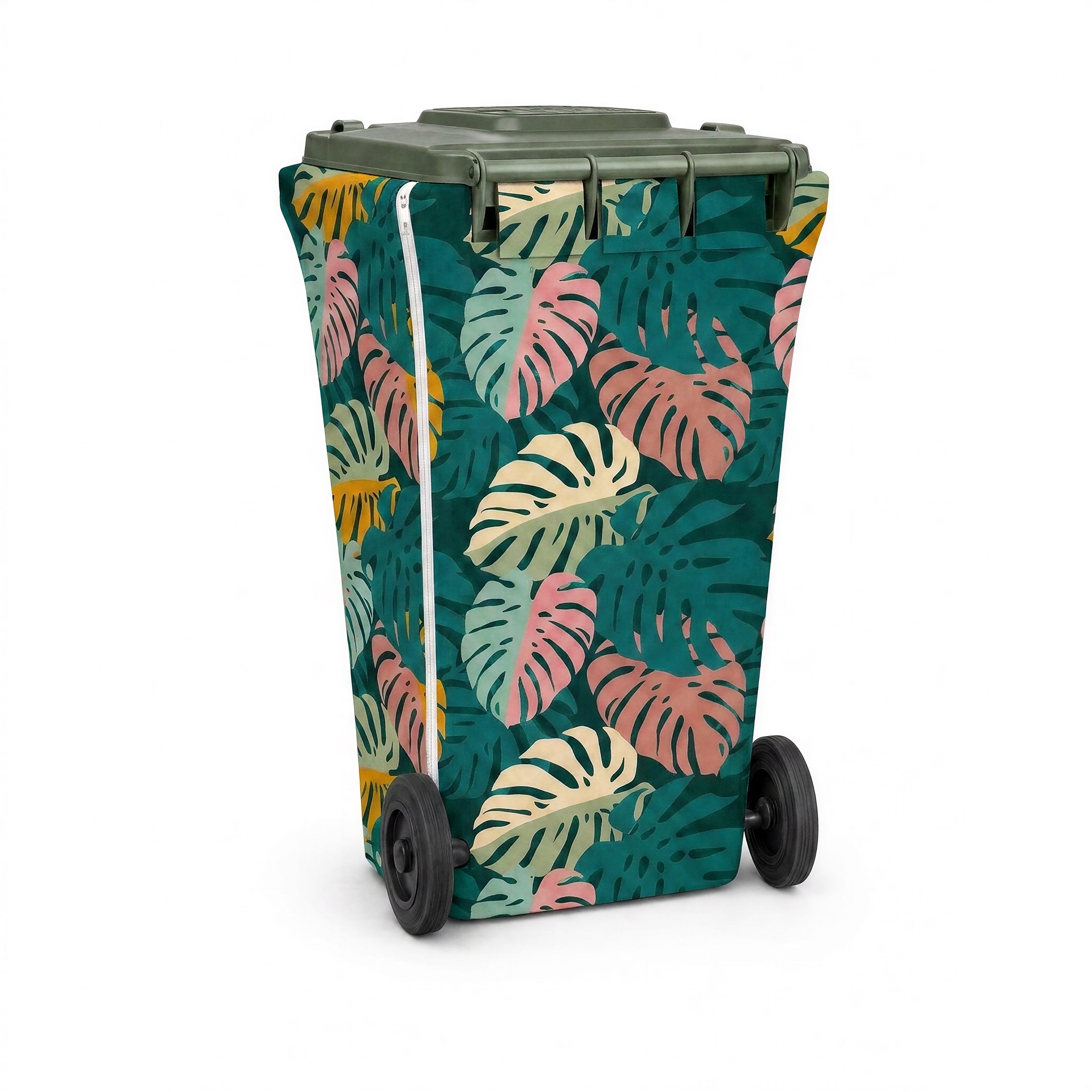 Leaf It Out monstera wheelie bin cover, back view