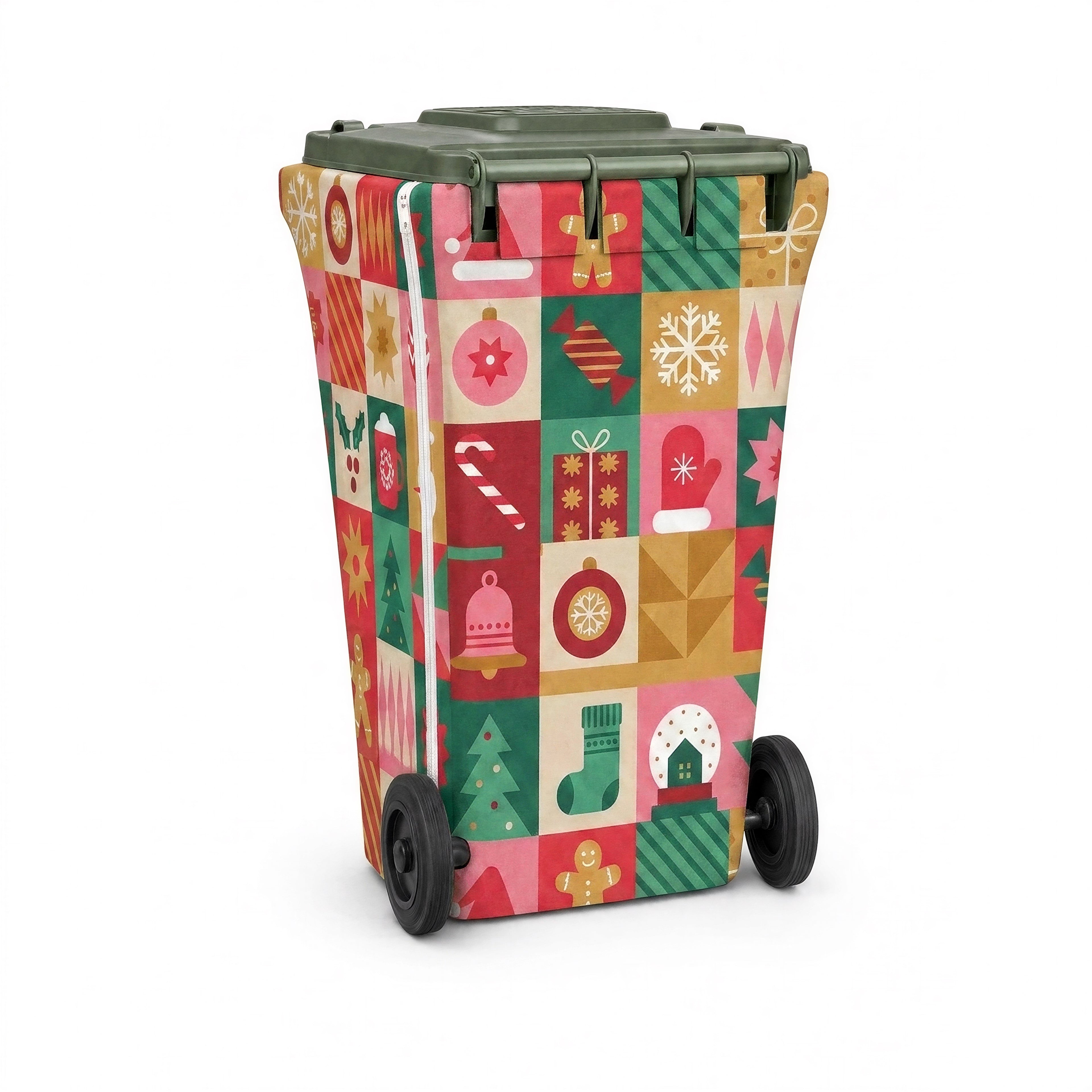 Christmas Tiles wheelie bin cover, back view