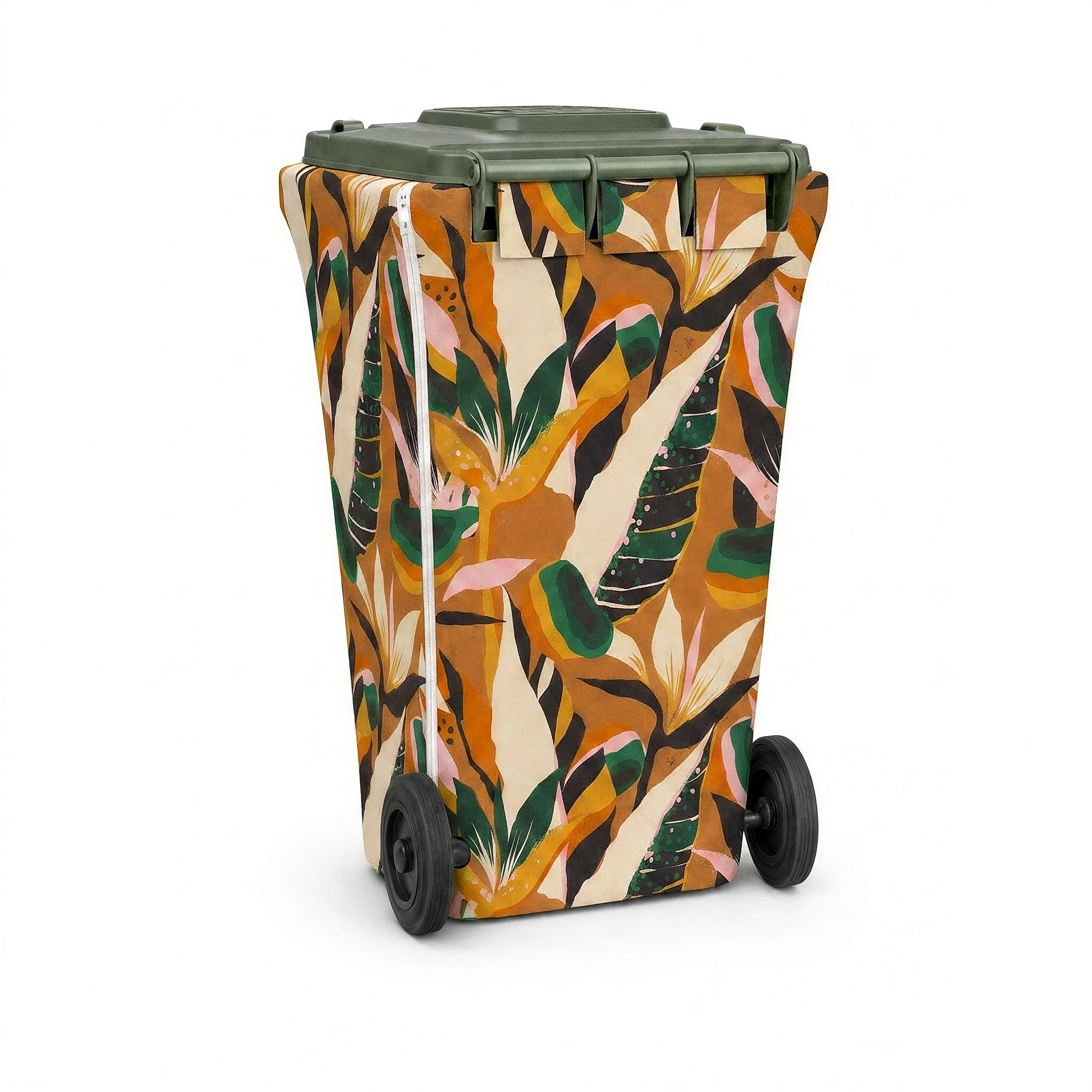 Golden Hour wheelie bin cover, back view with zip
