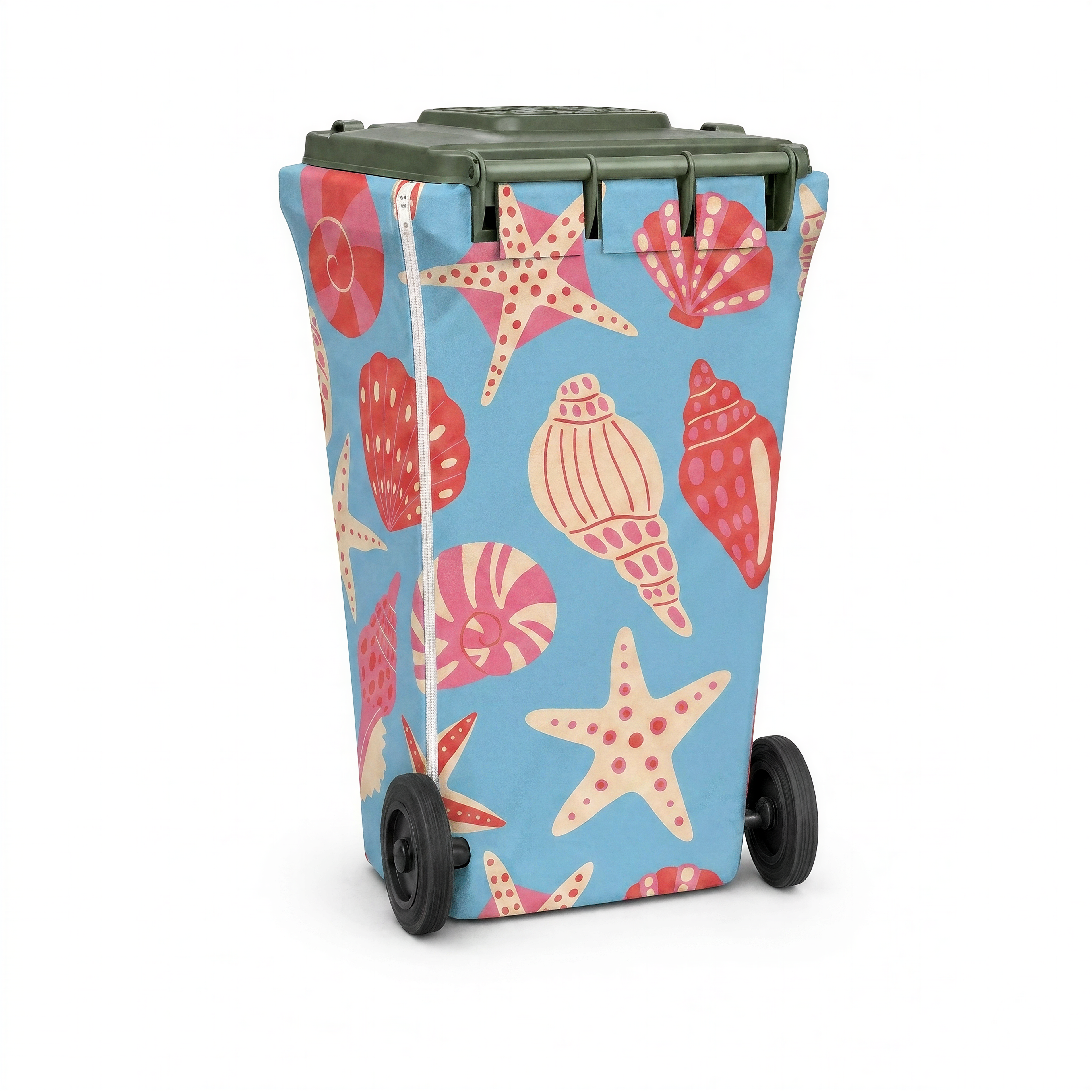 Bright Shells wheelie bin cover, back view with zip