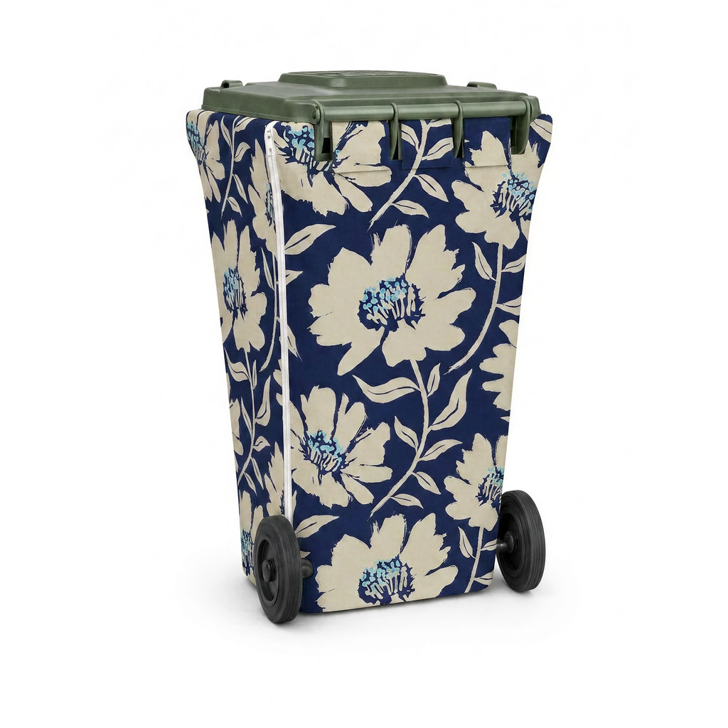 Coastal Bloom wheelie bin cover, back view with zip