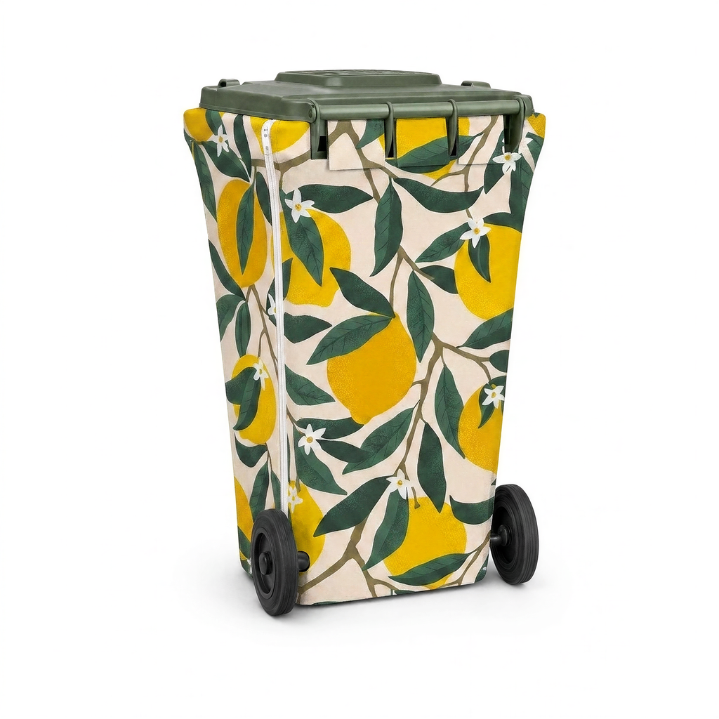 Lemon Squeeze wheelie bin cover, back view with zip