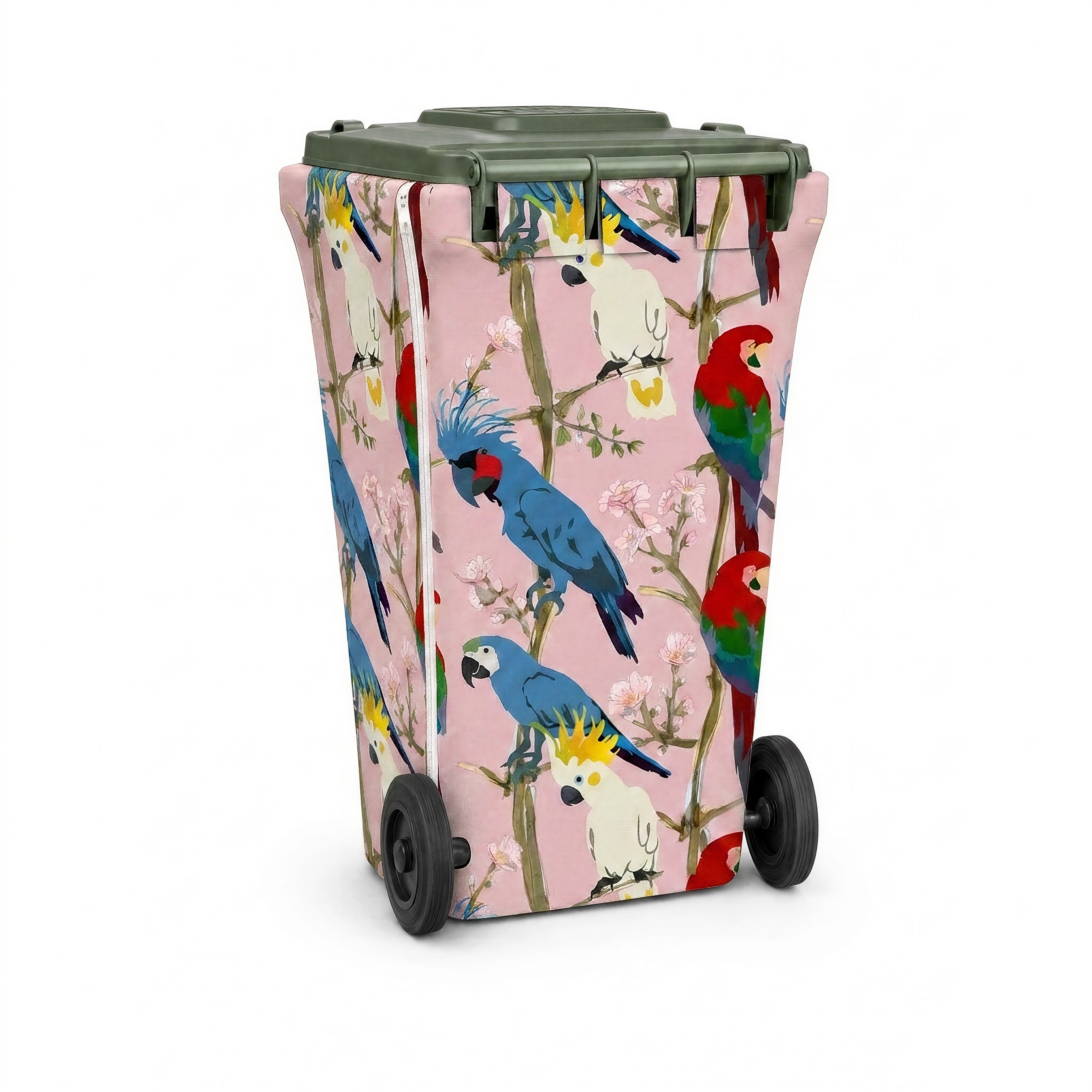 Morning Chorus wheelie bin cover, back view with zip
