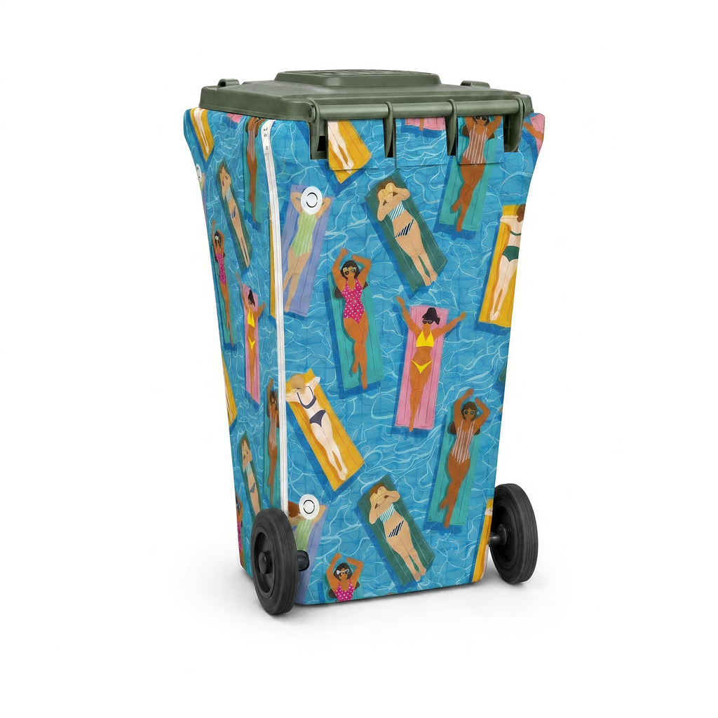 Pool Party wheelie bin cover, back view with zip