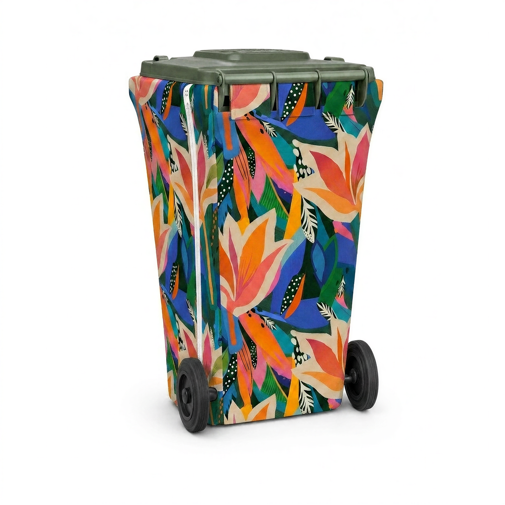 Tropical wheelie bin cover, back view with zip