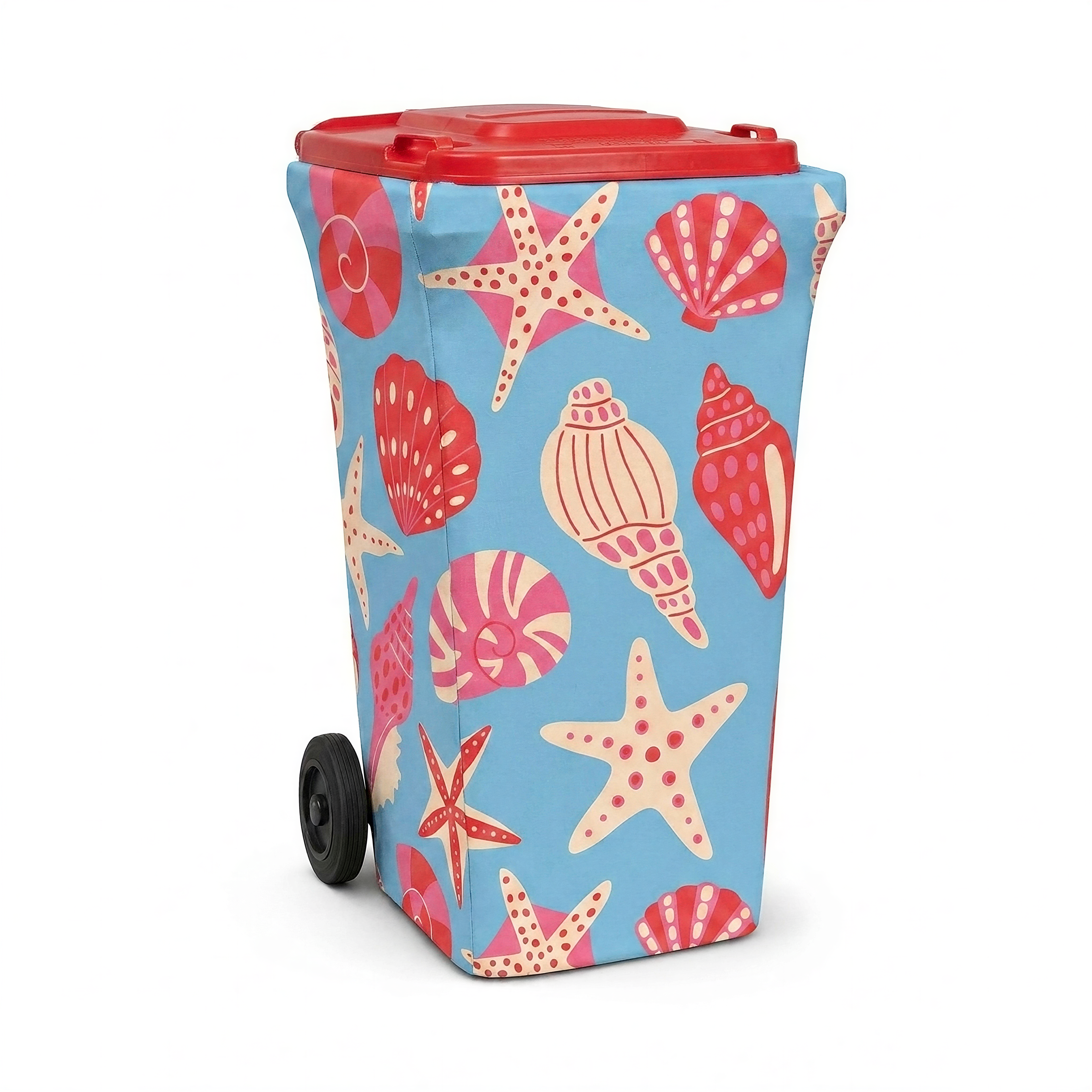 Shell Yeah wheelie bin cover fitted to a red-lid general waste bin, front view