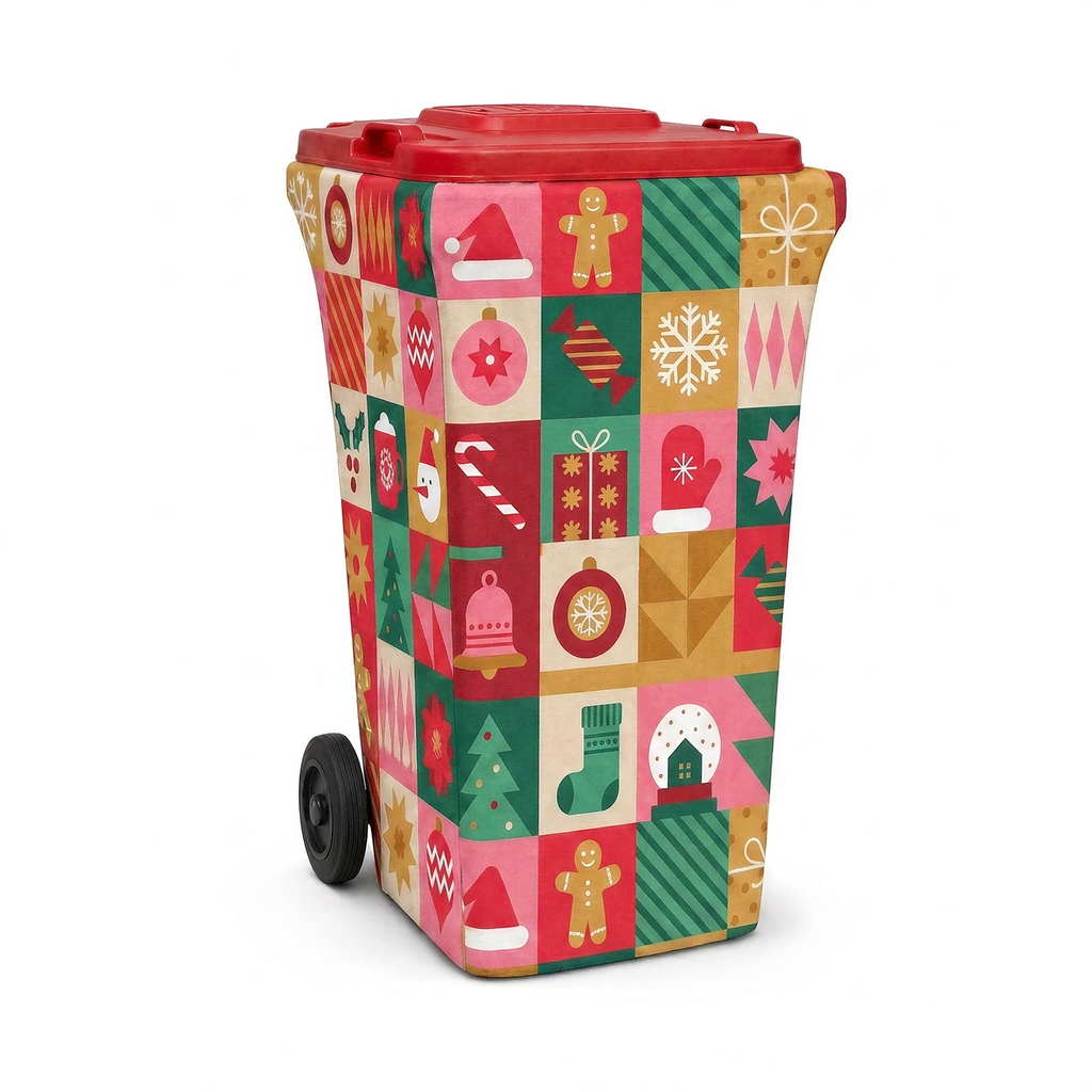Merry Mosaic wheelie bin cover fitted to a red-lid general waste bin, front view