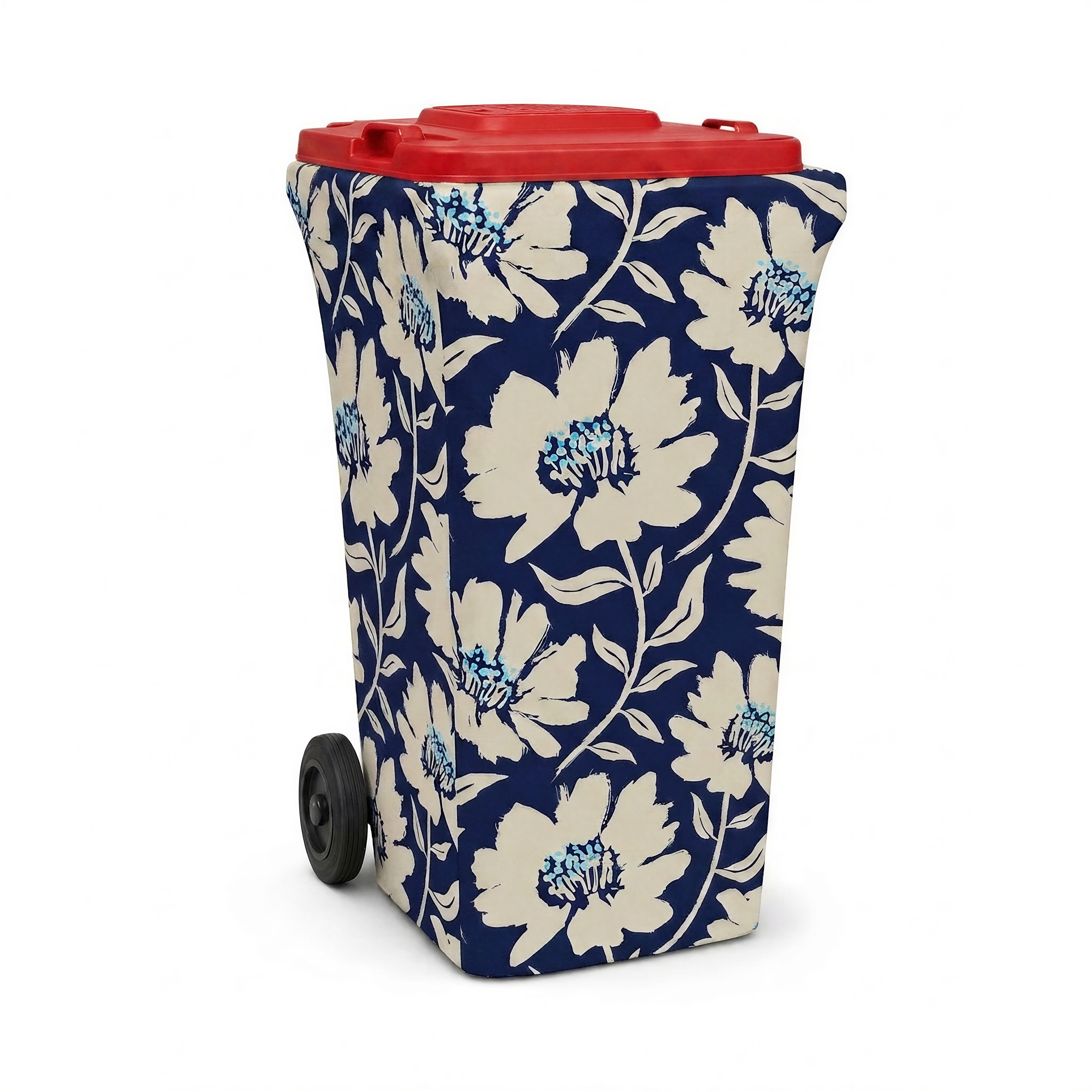 Coastal Bloom wheelie bin cover fitted to a red-lid general waste bin, front view