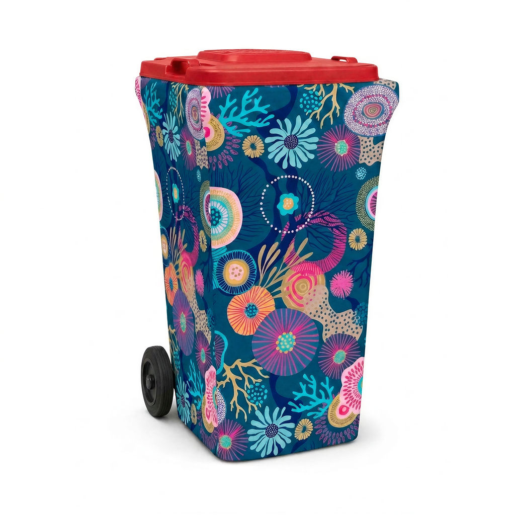 Coral Dreams wheelie bin cover fitted to a red-lid general waste bin, front view