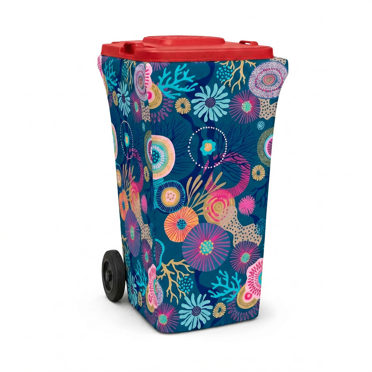 Coral Dreams wheelie bin cover fitted to a red-lid general waste bin, front view