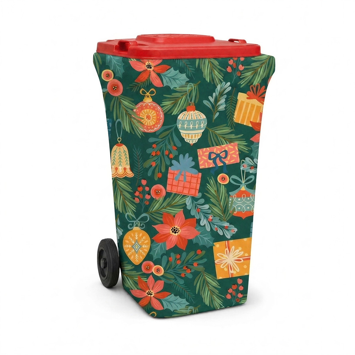 Deck the Halls wheelie bin cover fitted to a red-lid general waste bin, front view
