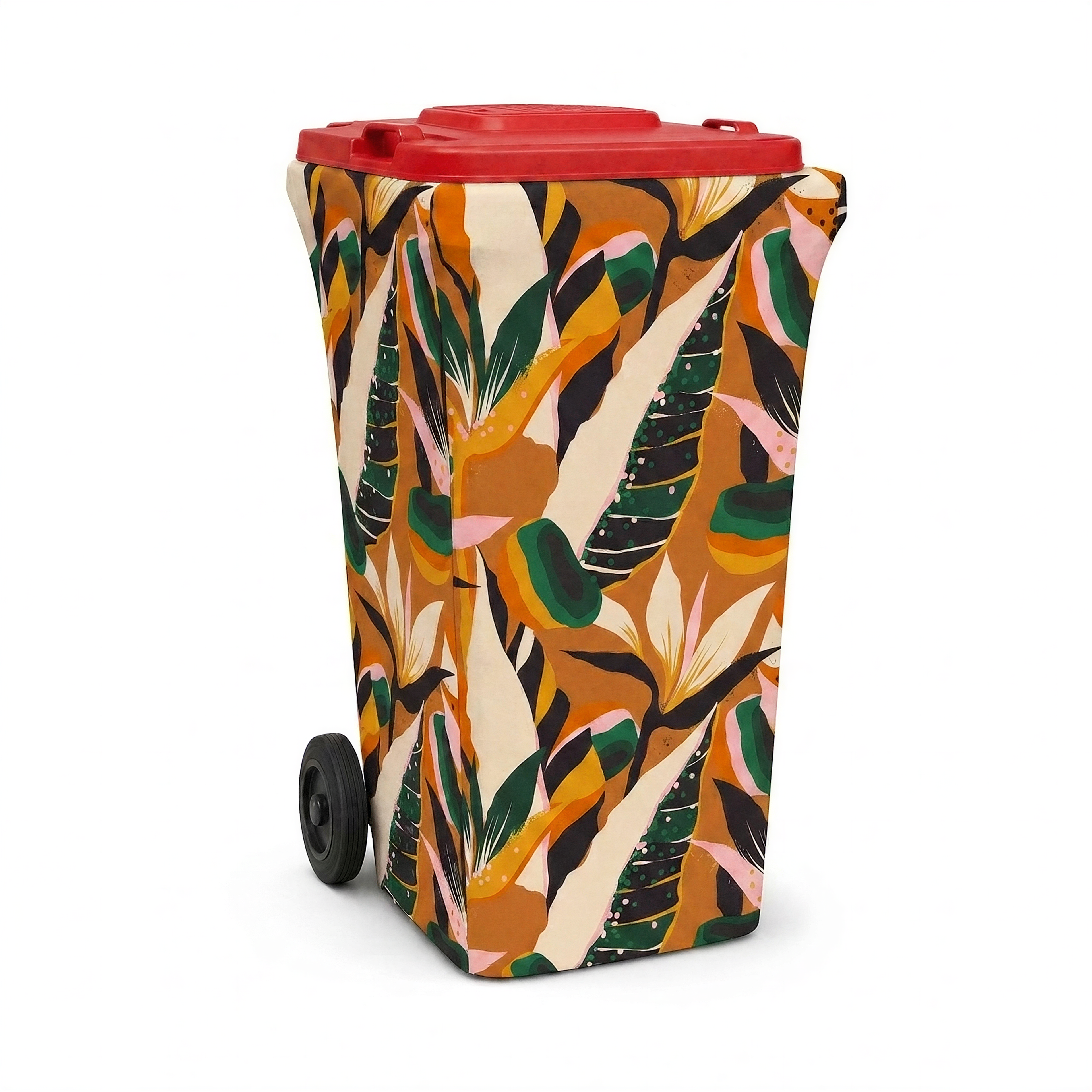 Golden Hour wheelie bin cover fitted to a red-lid general waste bin, front view