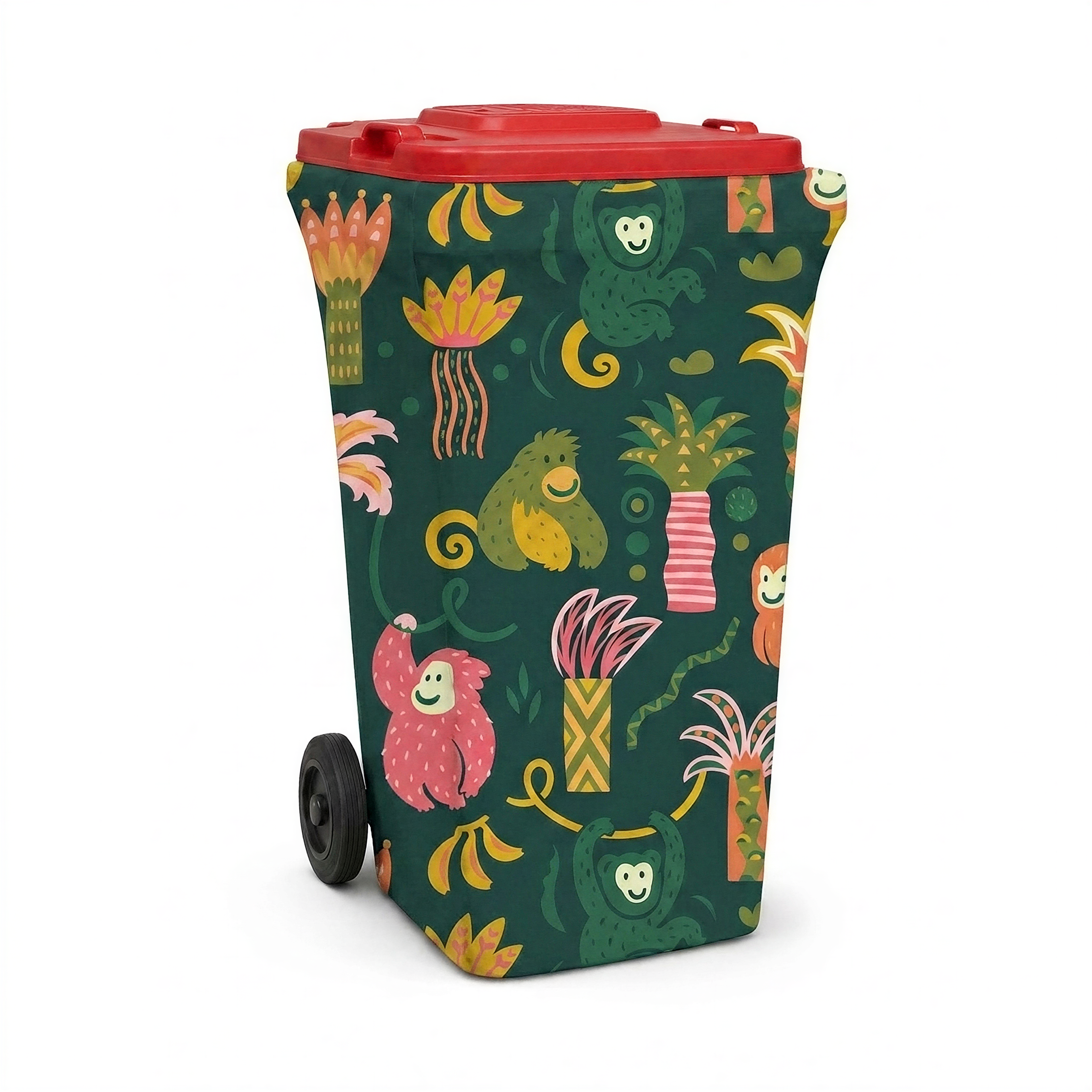 Monkey Business wheelie bin cover fitted to a red-lid general waste bin, front view