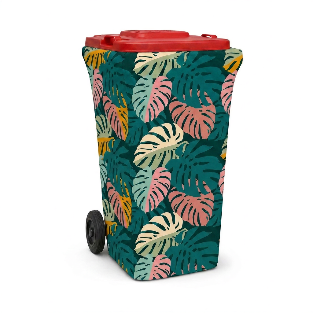 Garden Party wheelie bin cover fitted to a red-lid general waste bin, front view