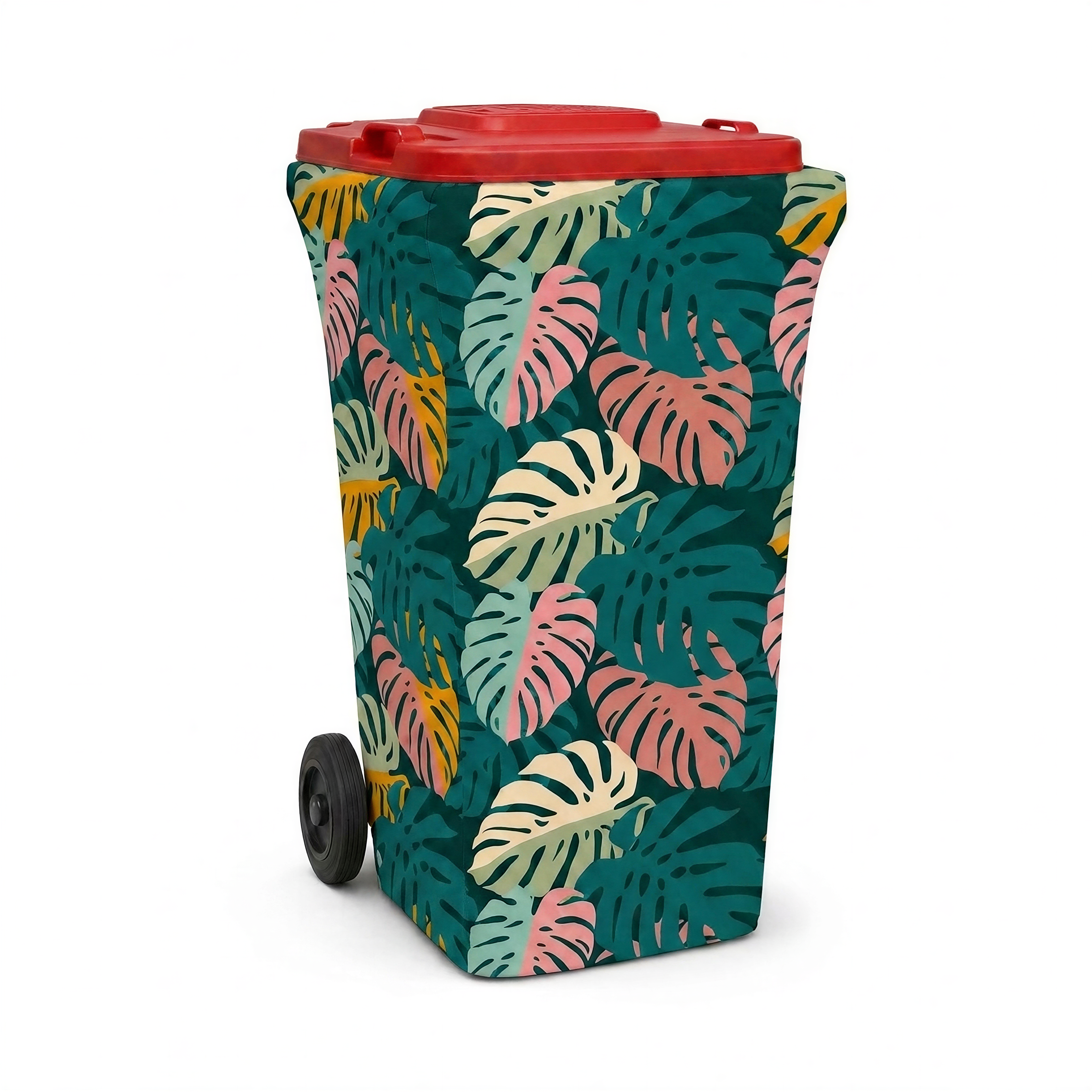 Garden Party wheelie bin cover fitted to a red-lid general waste bin, front view