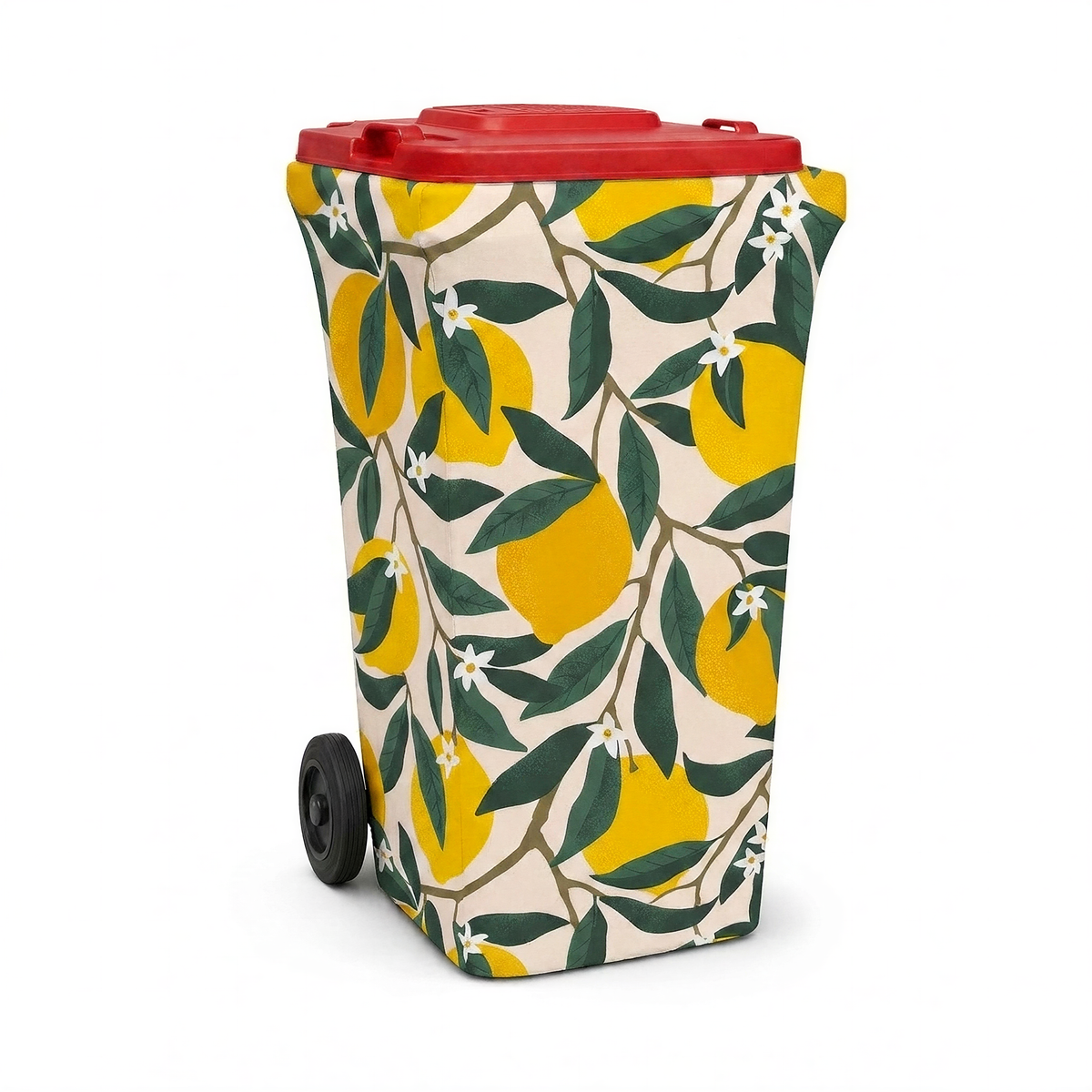 Lemon Squeeze wheelie bin cover fitted to a red-lid general waste bin, front view