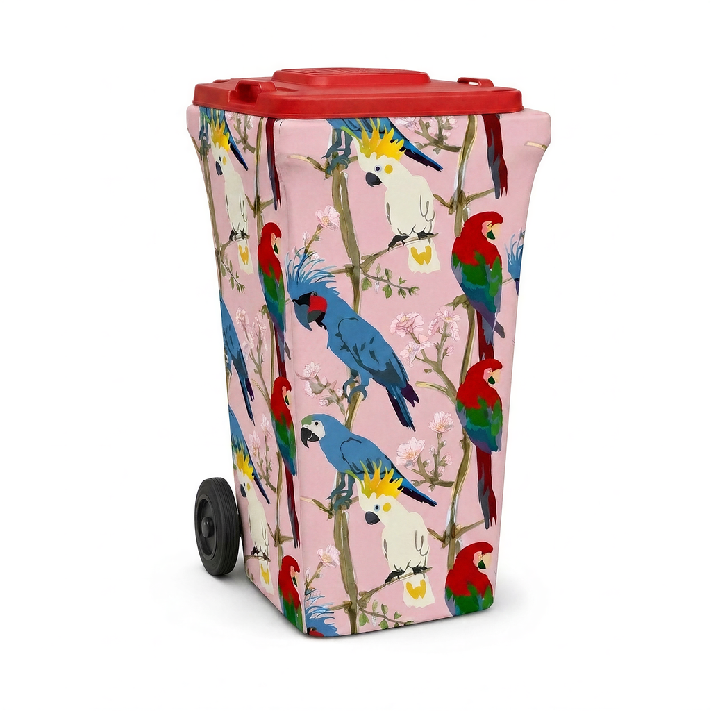 Morning Chorus wheelie bin cover fitted to a red-lid general waste bin, front view