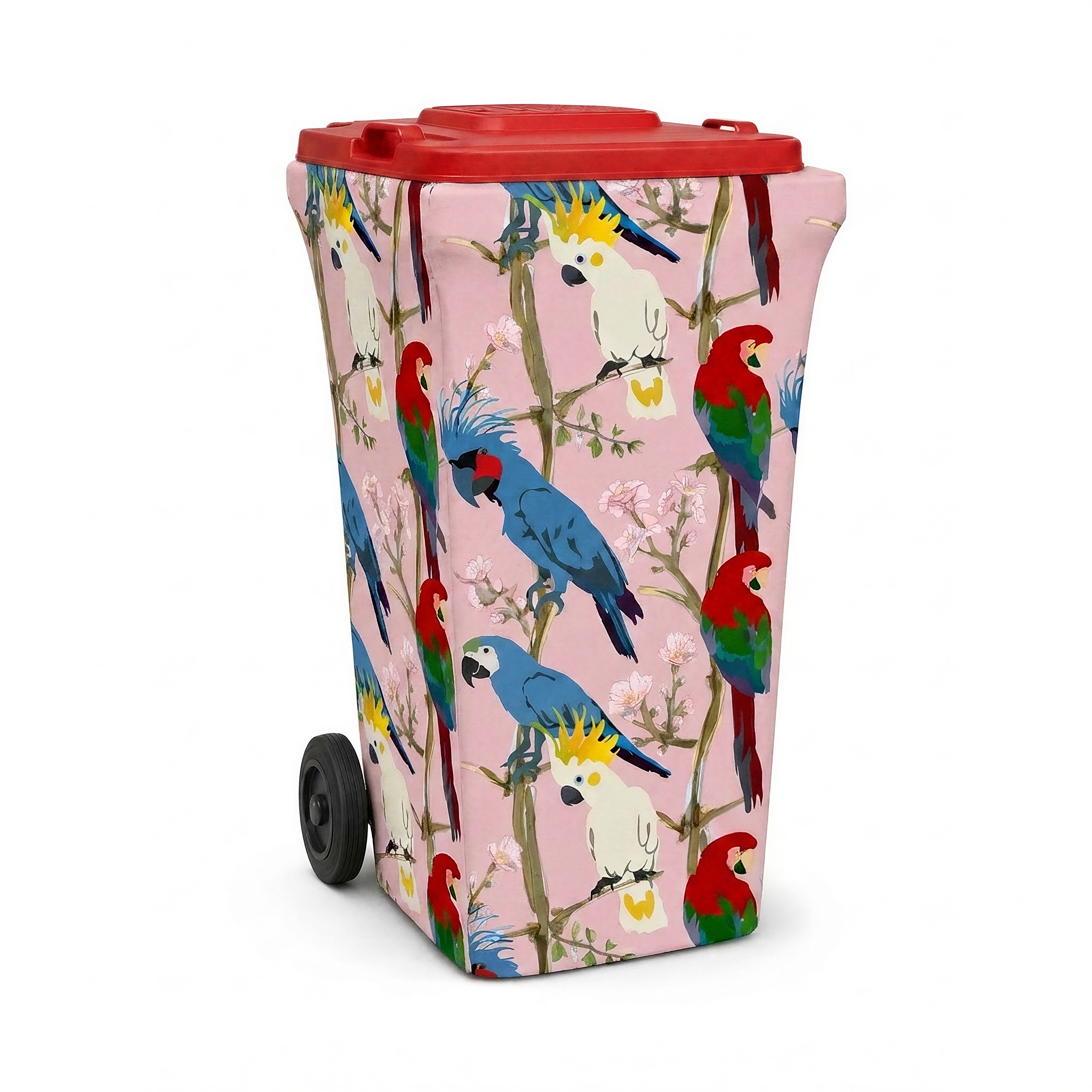 Morning Chorus wheelie bin cover fitted to a red-lid general waste bin, front view