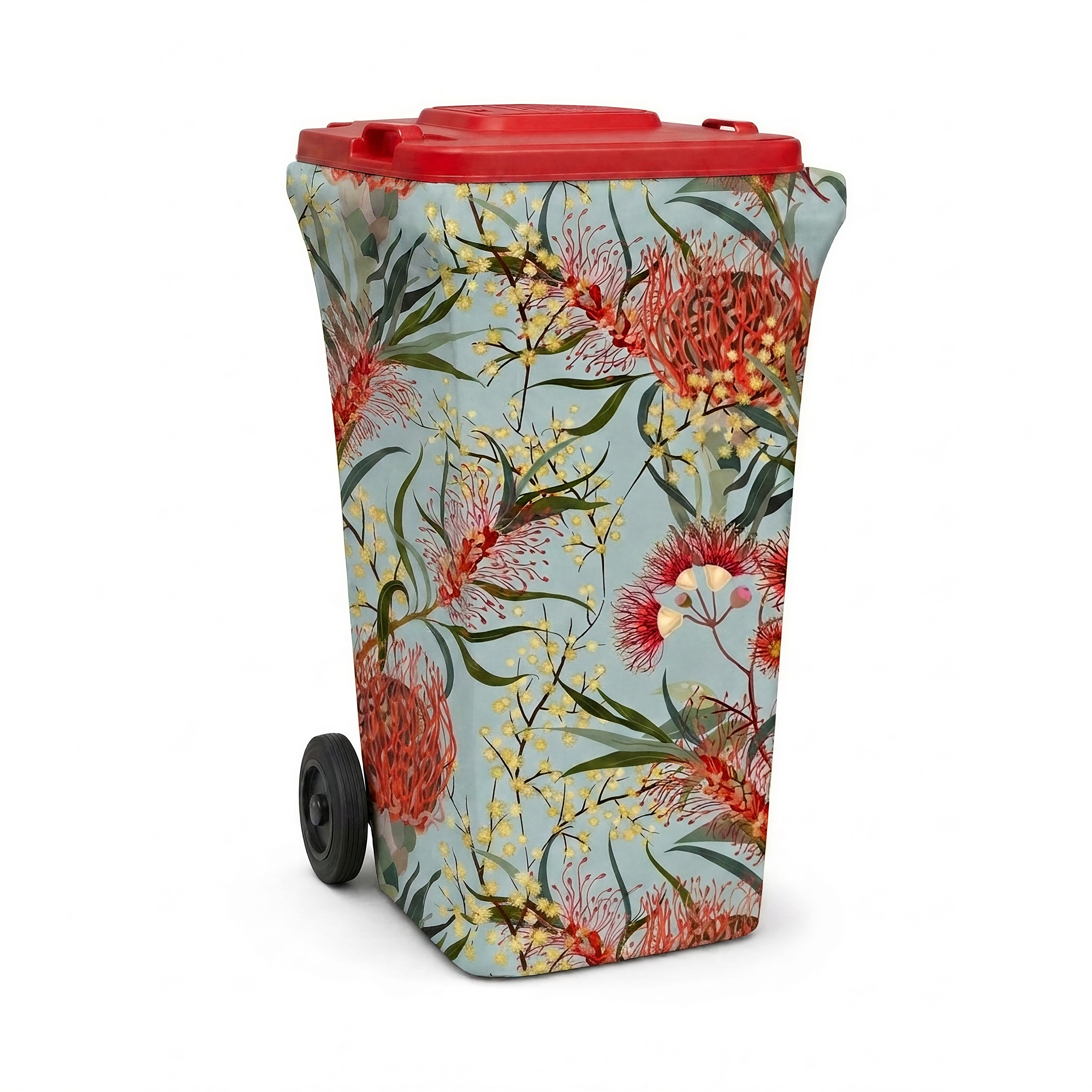 Native Bloom wheelie bin cover fitted to a red-lid general waste bin, front view