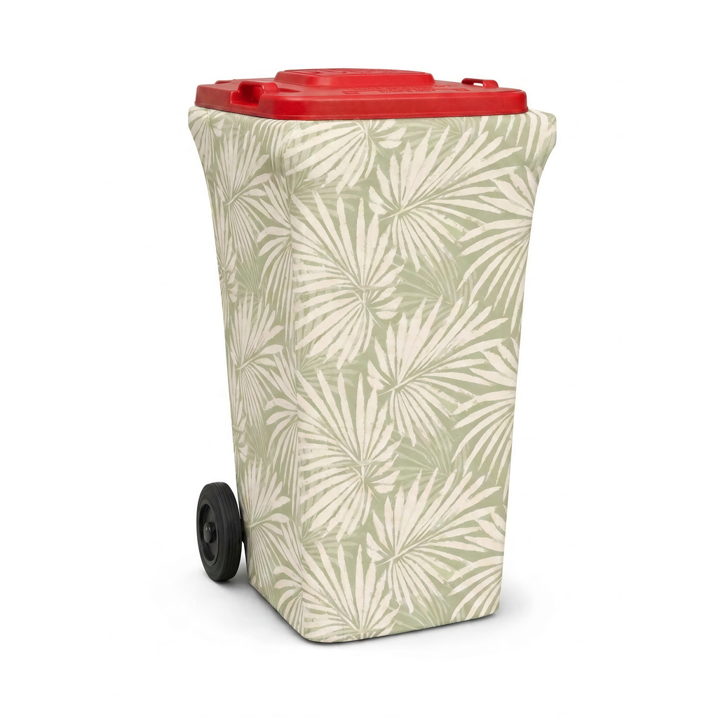 Palm Retreat wheelie bin cover fitted to a red-lid general waste bin, front view