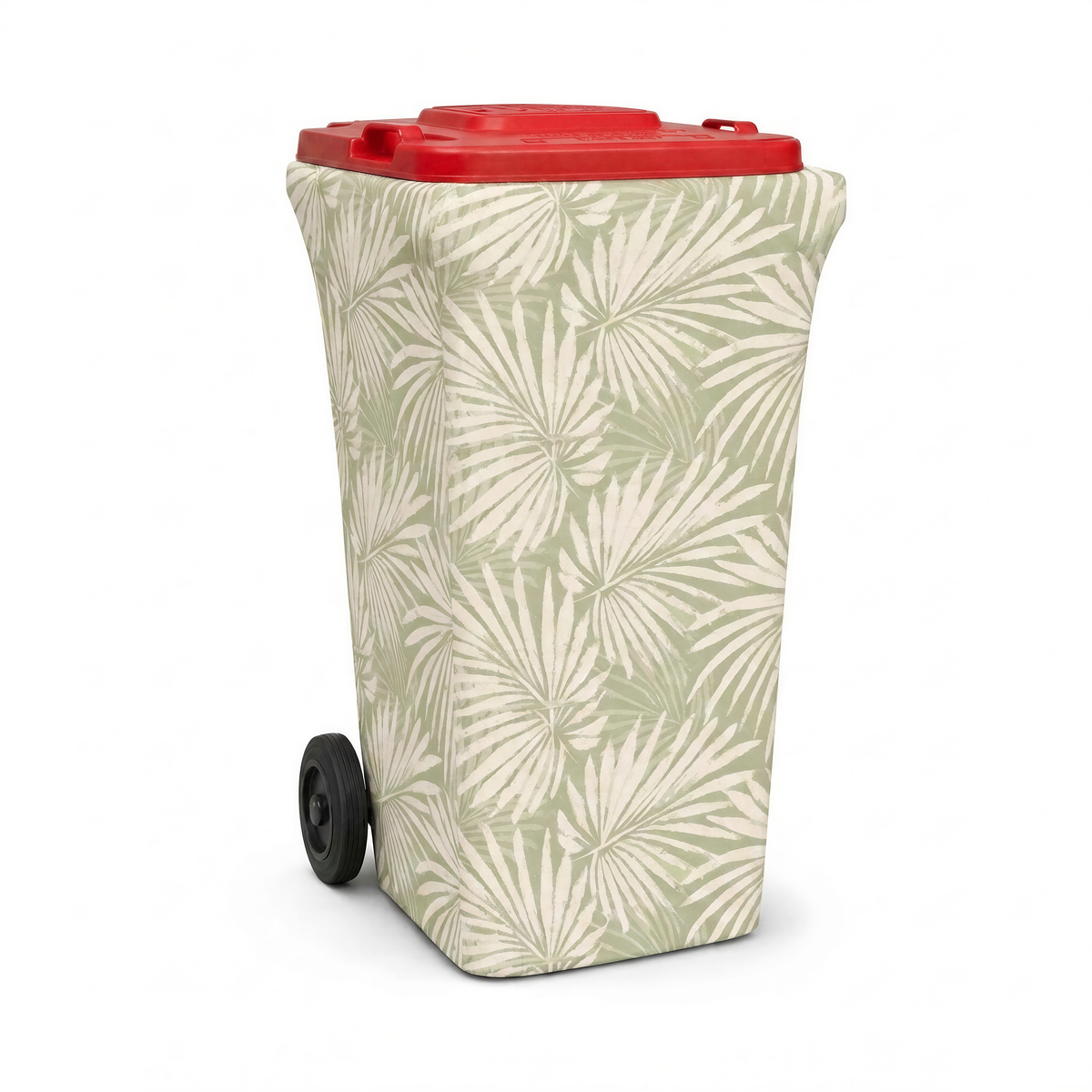 Palm Retreat wheelie bin cover fitted to a red-lid general waste bin, front view