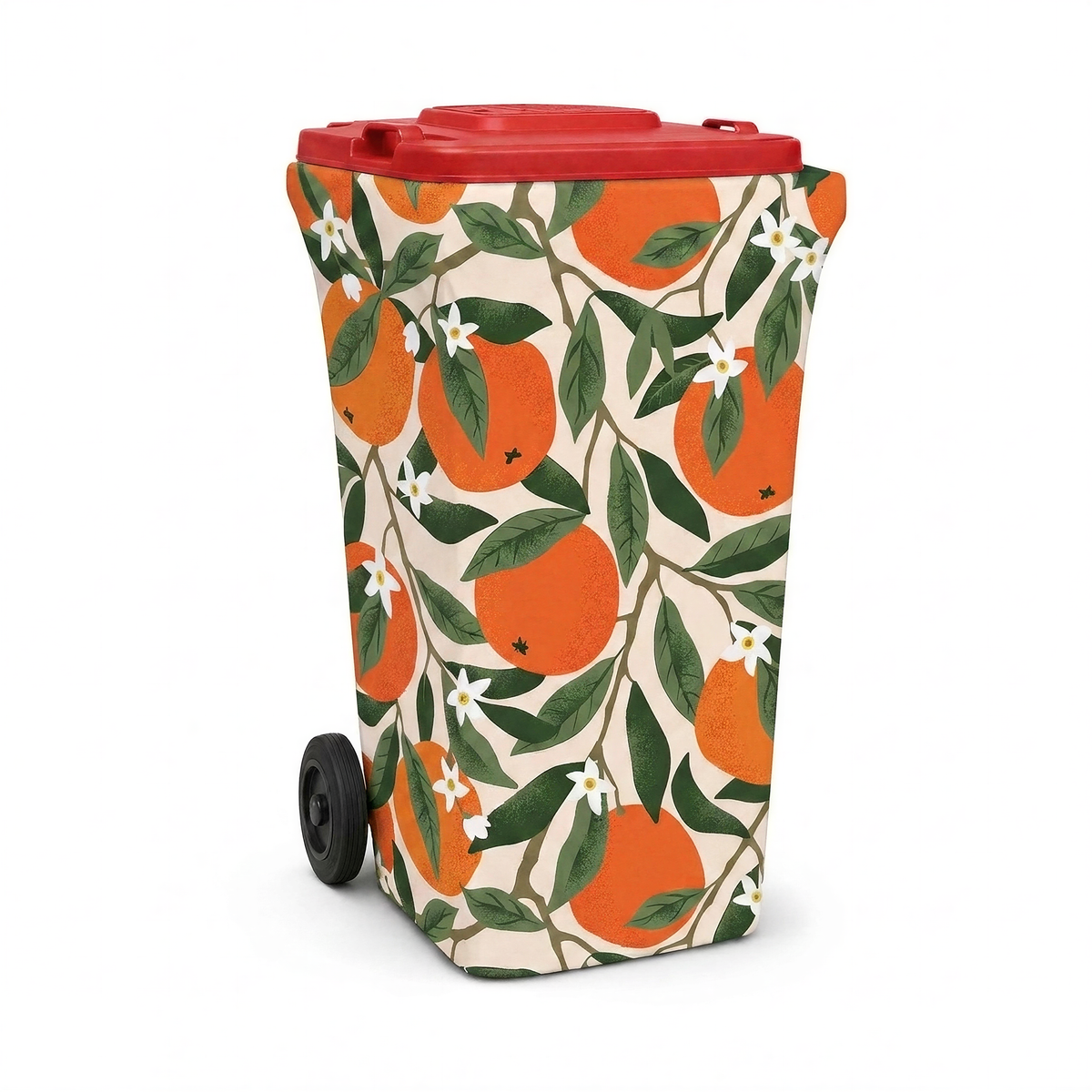 Valencia wheelie bin cover fitted to a red-lid general waste bin, front view