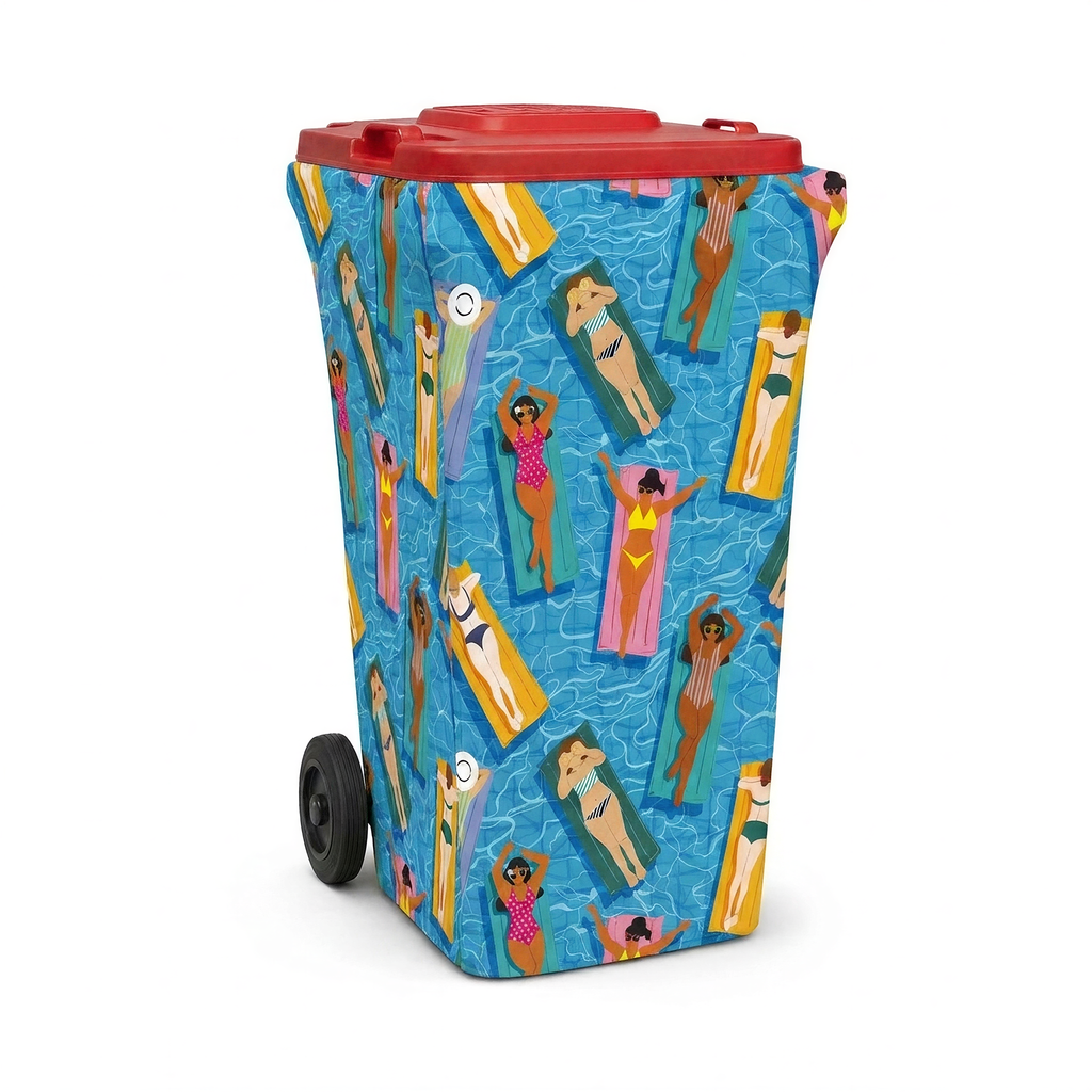 Pool Party wheelie bin cover fitted to a red-lid general waste bin, front view