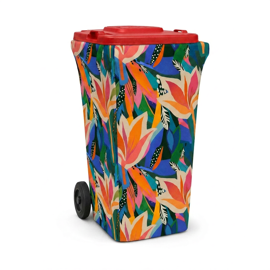 Bins of Paradise wheelie bin cover fitted to a red-lid general waste bin, front view