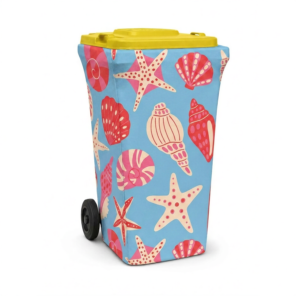 Shell Yeah wheelie bin cover fitted to a yellow-lid recycling bin, front view