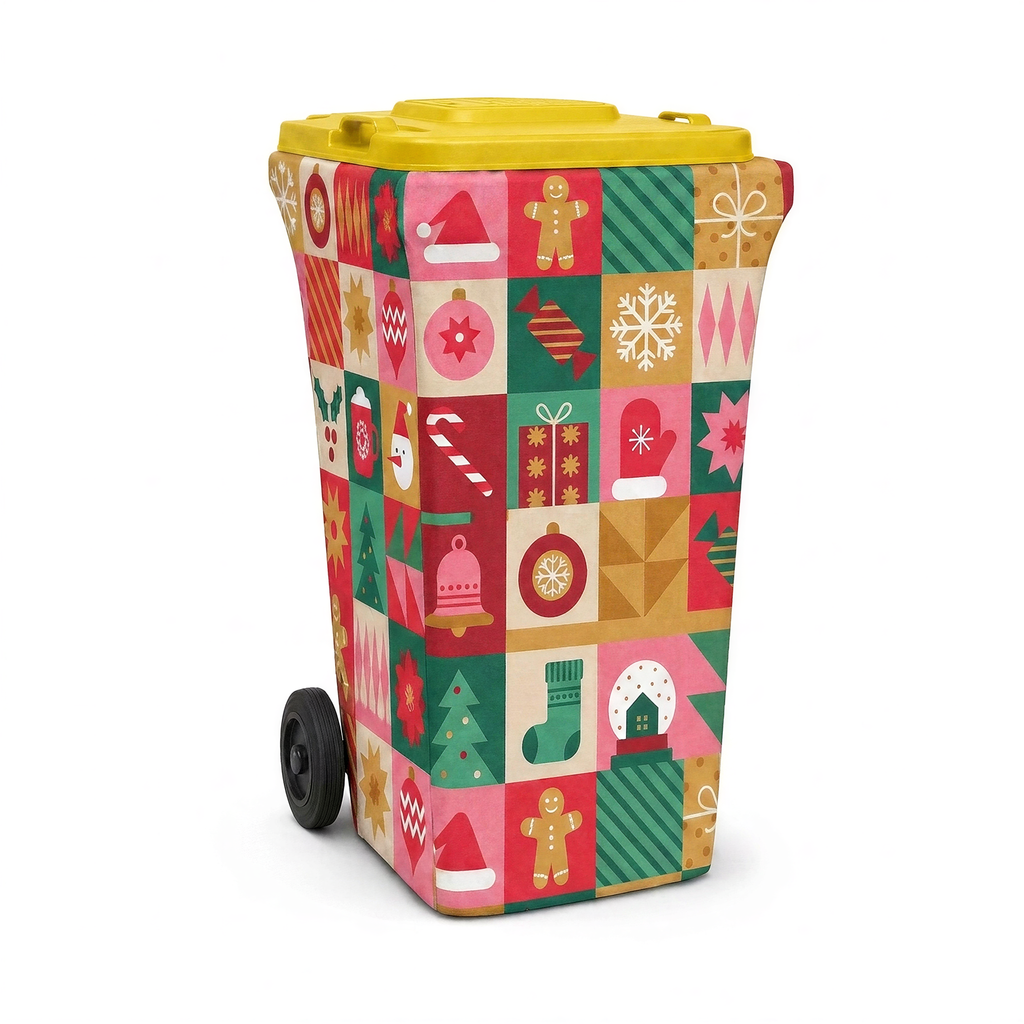 Merry Mosaic wheelie bin cover fitted to a yellow-lid recycling bin, front view