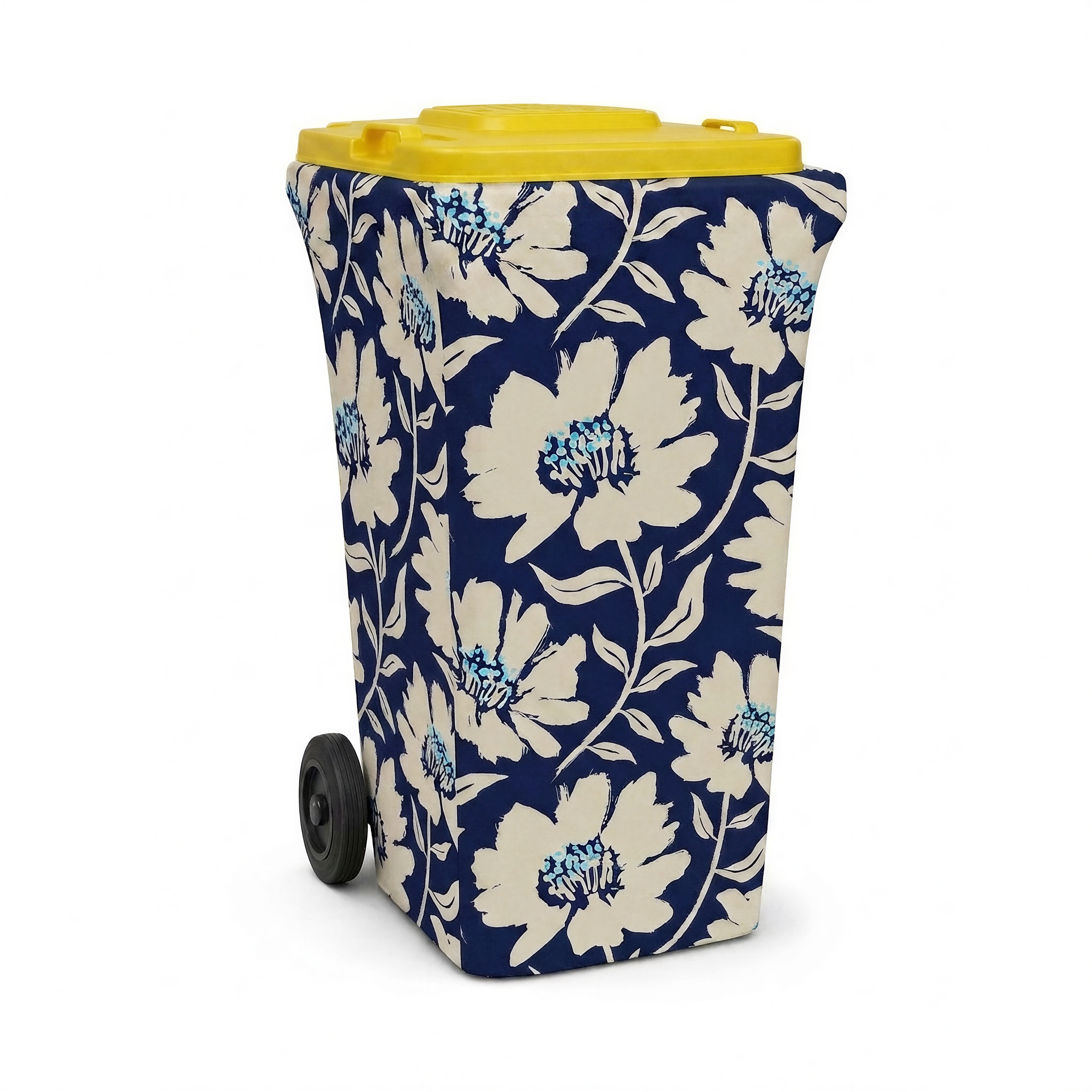 Coastal Bloom wheelie bin cover fitted to a yellow-lid recycling bin, front view