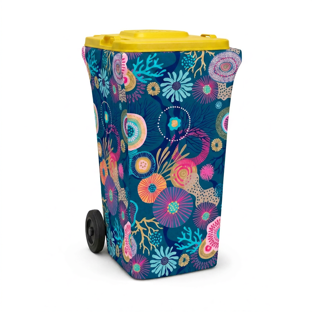Coral Dreams wheelie bin cover fitted to a yellow-lid recycling bin, front view