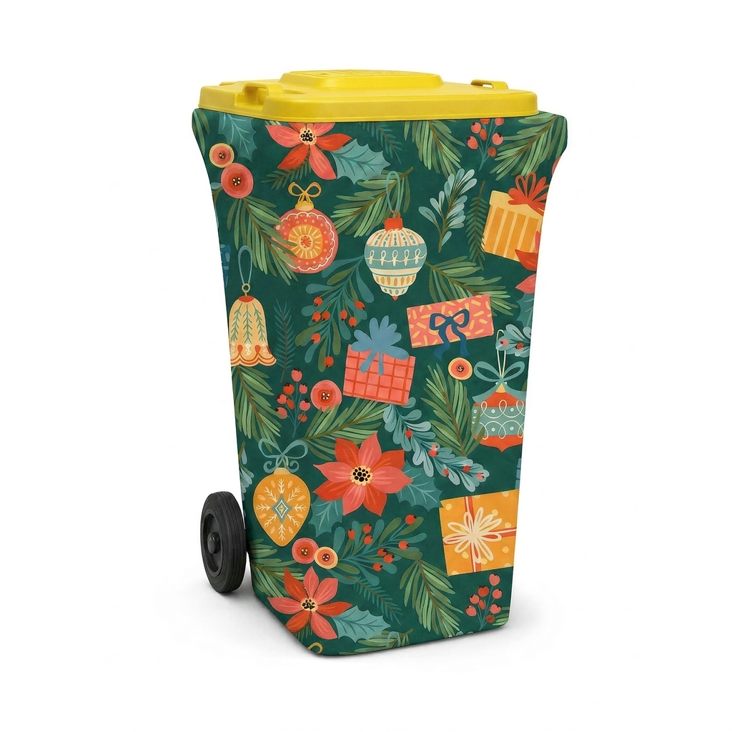 Deck the Halls wheelie bin cover fitted to a yellow-lid recycling bin, front view