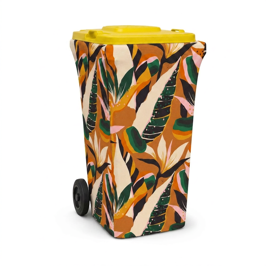 Golden Hour wheelie bin cover fitted to a yellow-lid recycling bin, front view