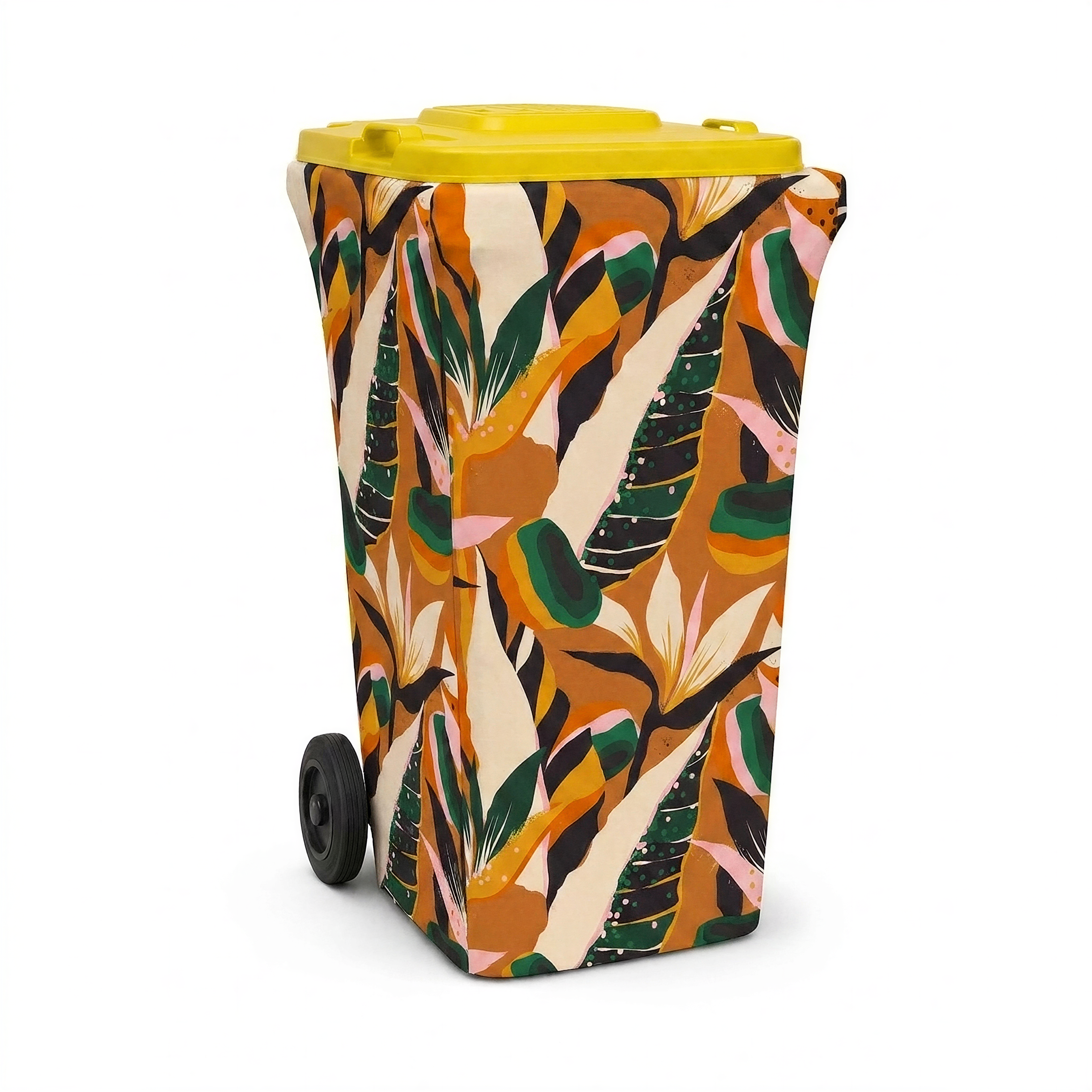 Golden Hour wheelie bin cover fitted to a yellow-lid recycling bin, front view