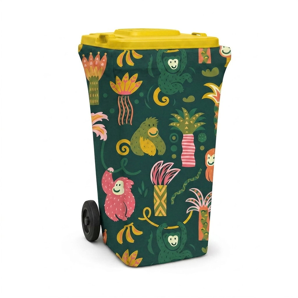 Monkey Business wheelie bin cover fitted to a yellow-lid recycling bin, front view