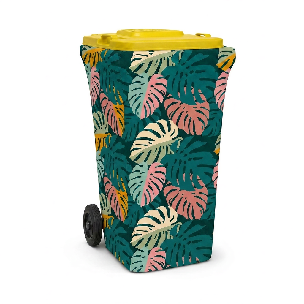 Garden Party wheelie bin cover fitted to a yellow-lid recycling bin, front view