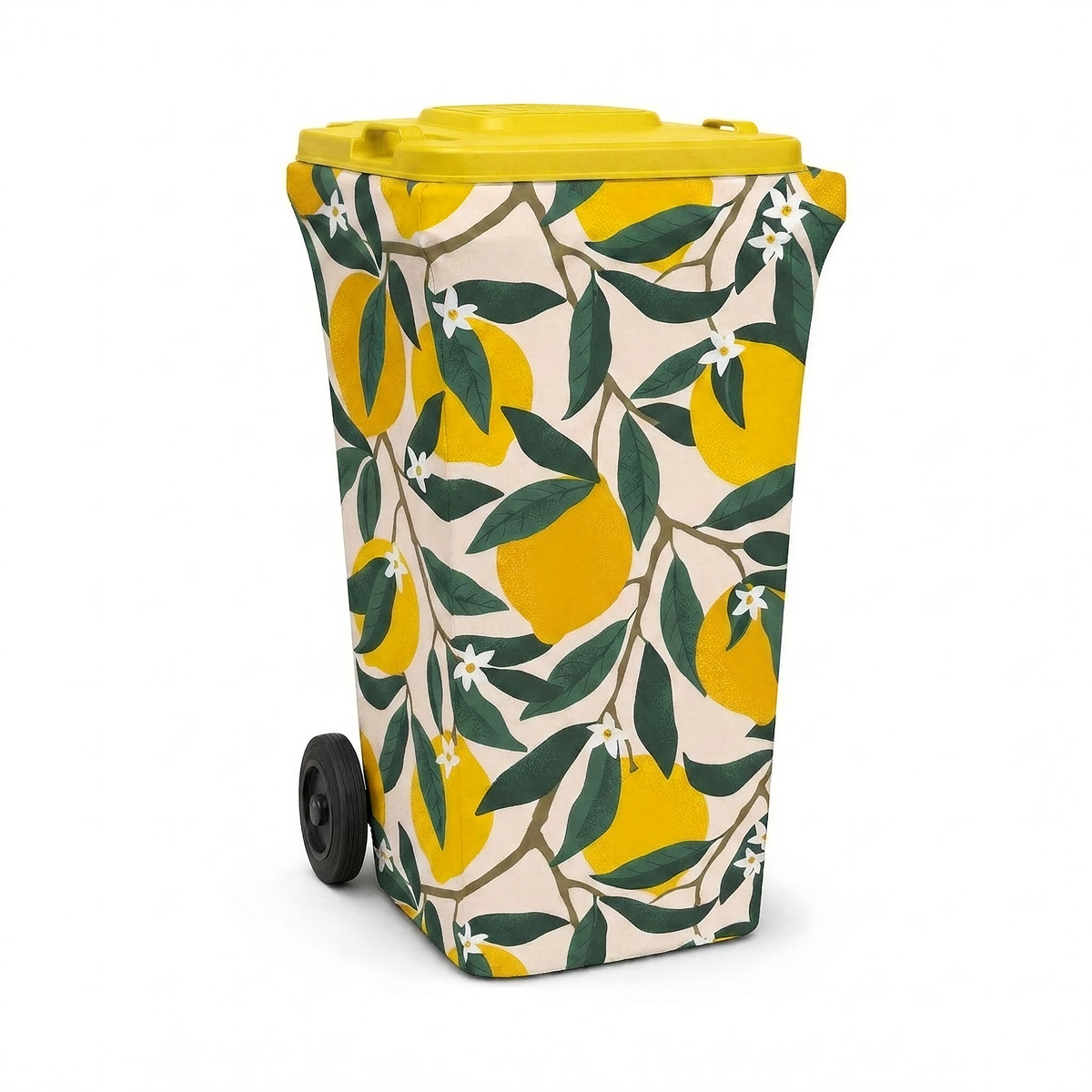 Lemon Squeeze wheelie bin cover fitted to a yellow-lid recycling bin, front view