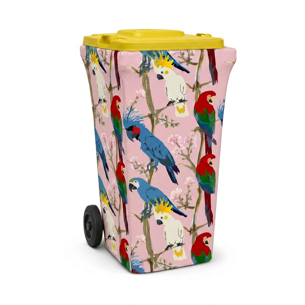 Morning Chorus wheelie bin cover fitted to a yellow-lid recycling bin, front view