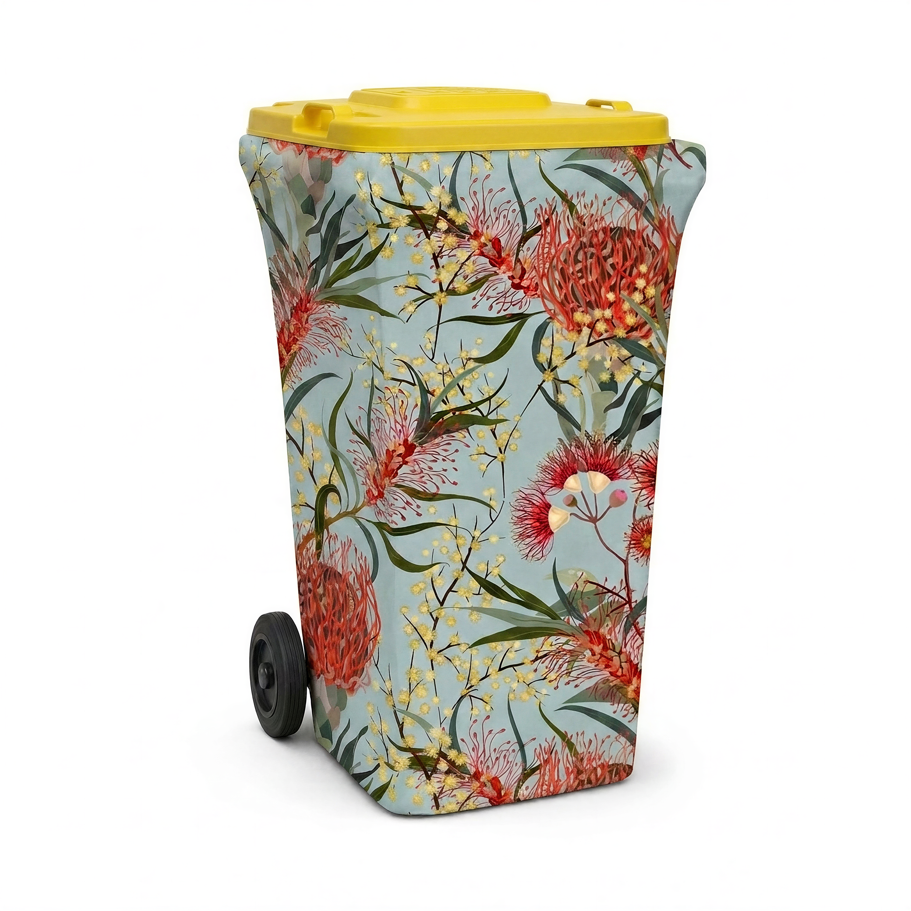 Native Bloom wheelie bin cover fitted to a yellow-lid recycling bin, front view