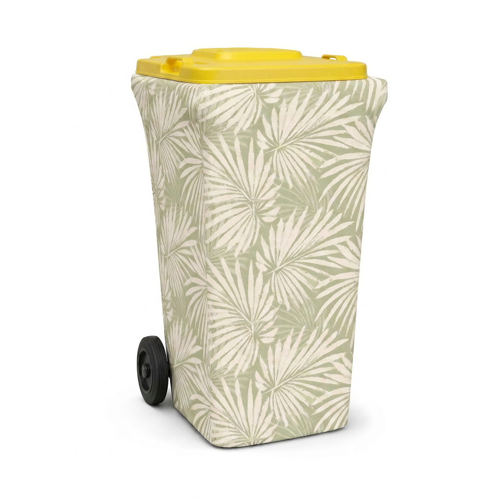 Palm Retreat wheelie bin cover fitted to a yellow-lid recycling bin, front view