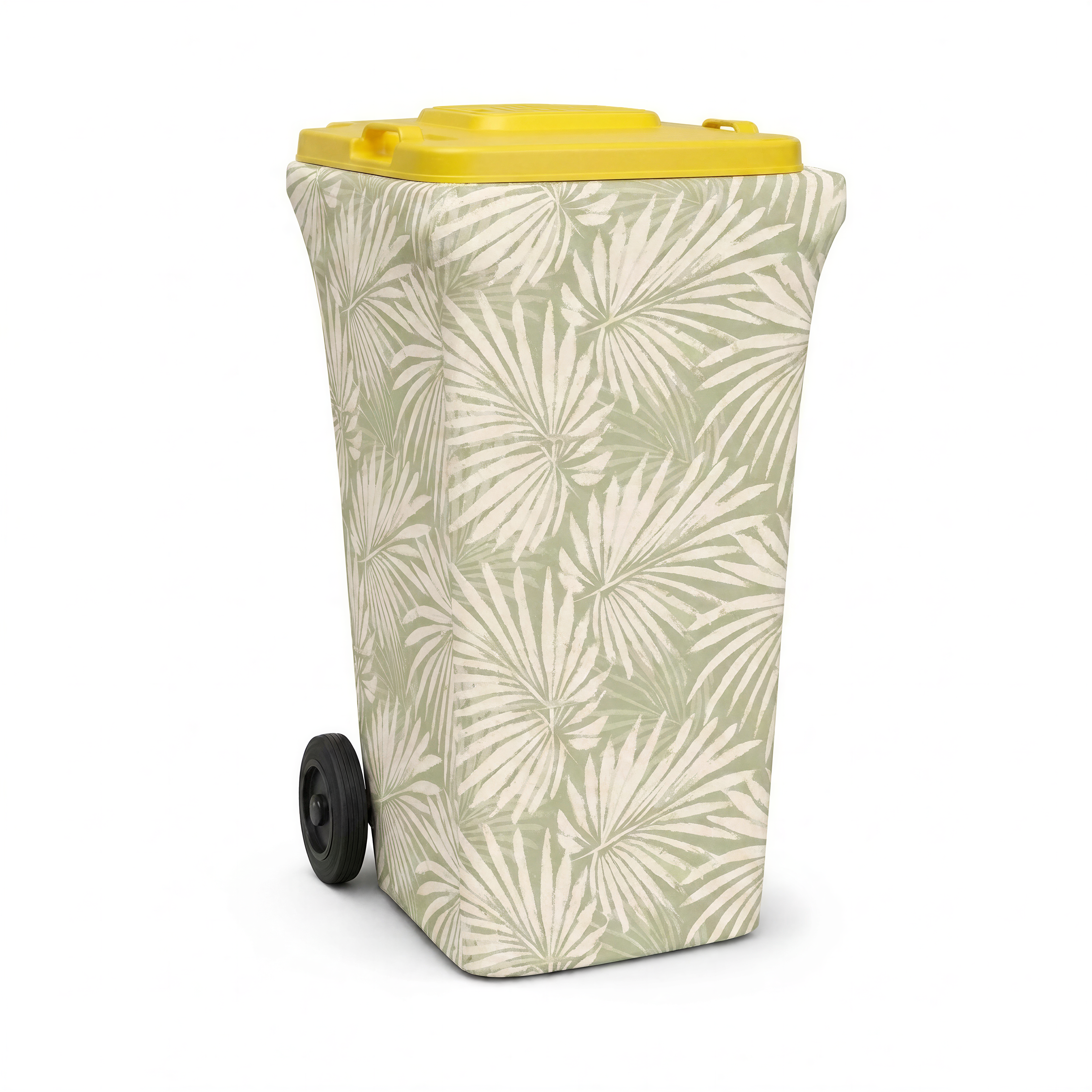 Palm Retreat wheelie bin cover fitted to a yellow-lid recycling bin, front view