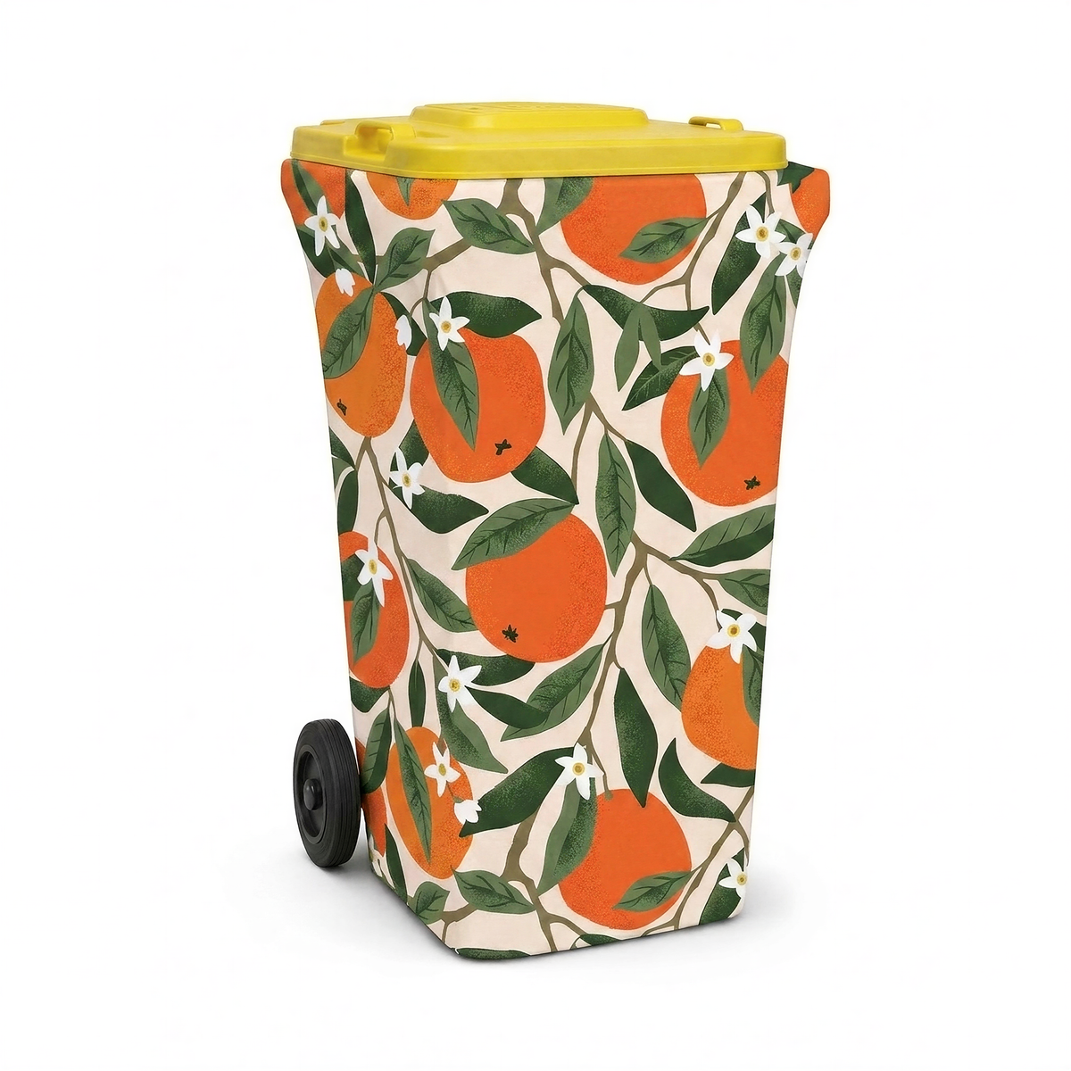 Valencia wheelie bin cover fitted to a yellow-lid recycling bin, front view