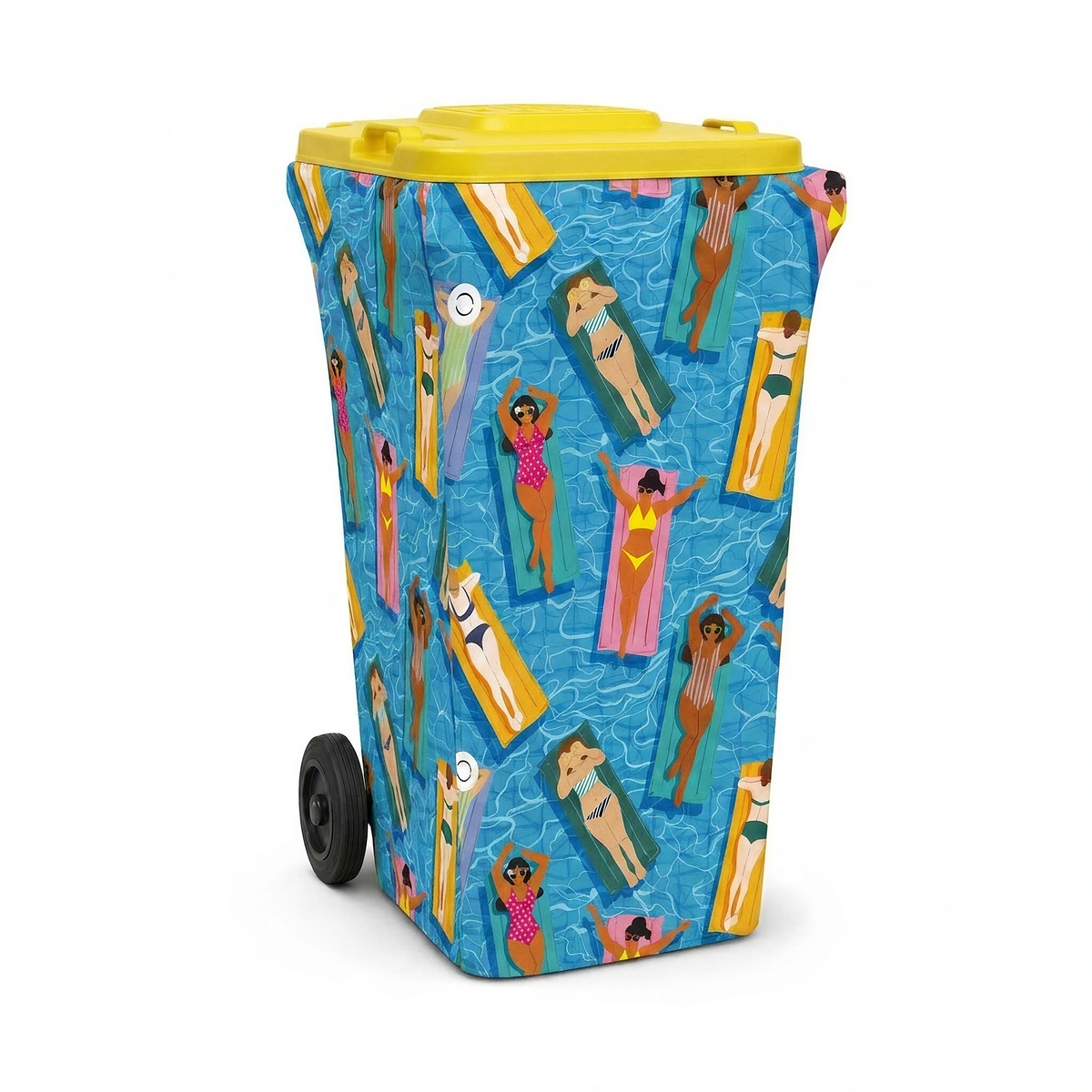 Pool Party wheelie bin cover fitted to a yellow-lid recycling bin, front view