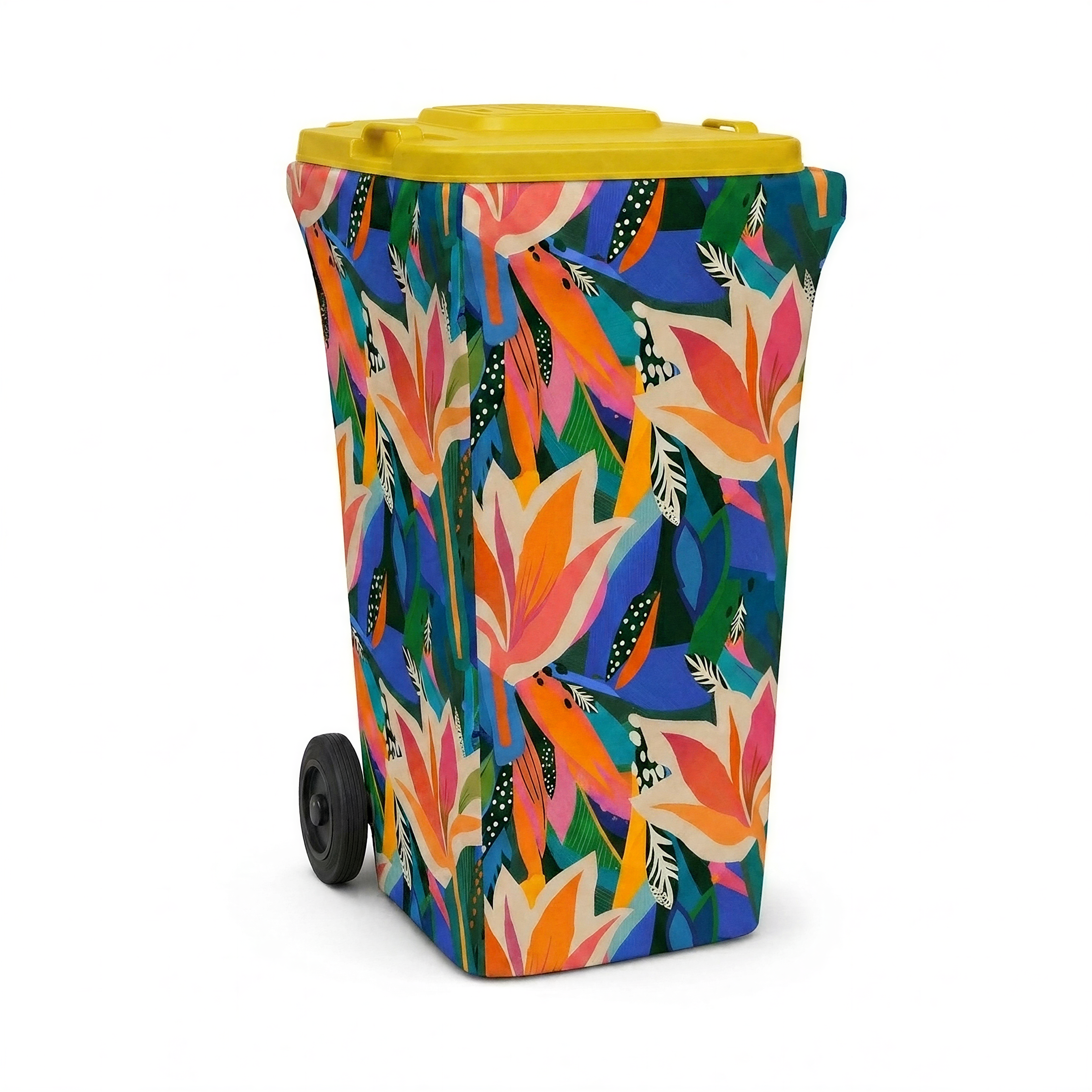 Bins of Paradise wheelie bin cover fitted to a yellow-lid recycling bin, front view