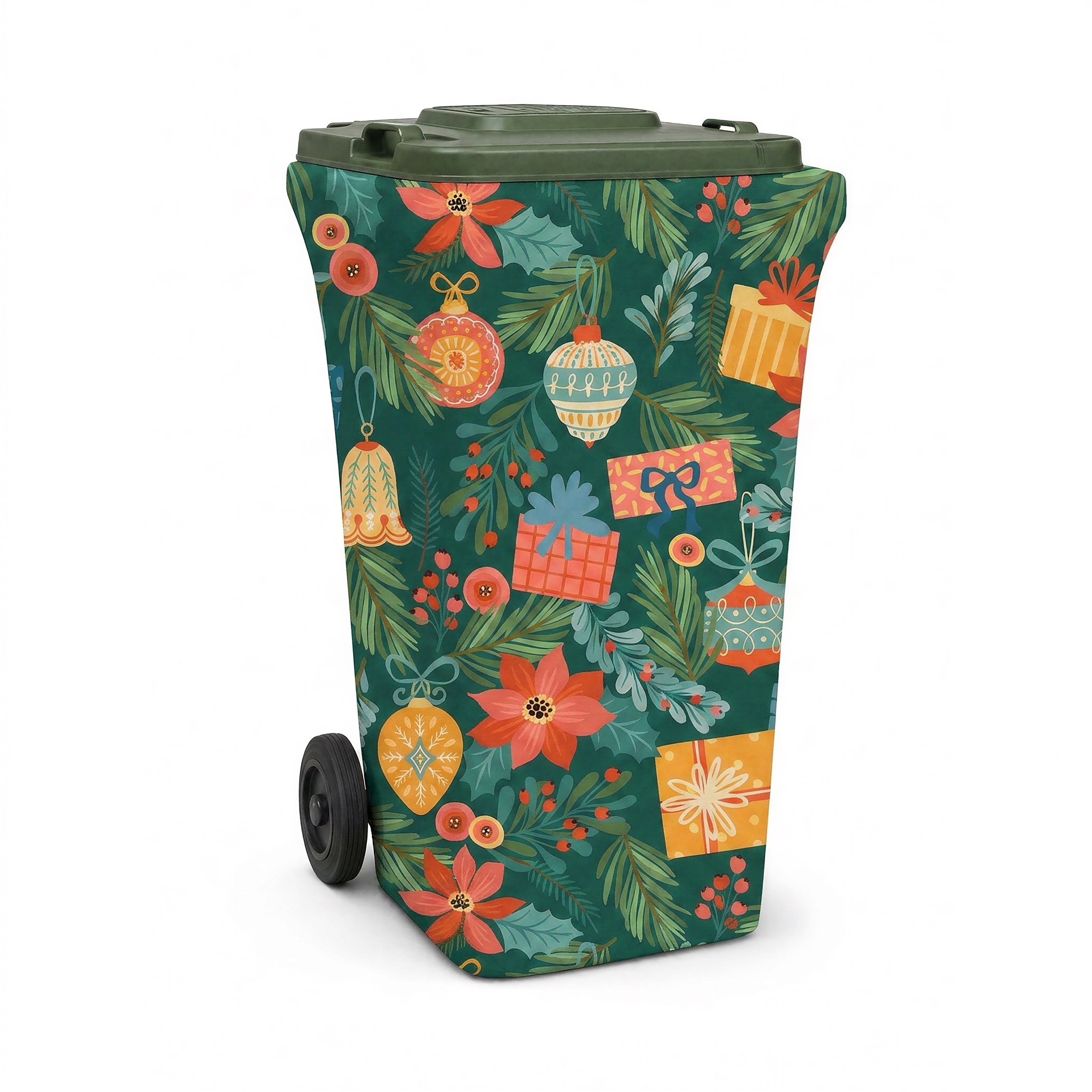 Deck the Halls wheelie bin cover, front view